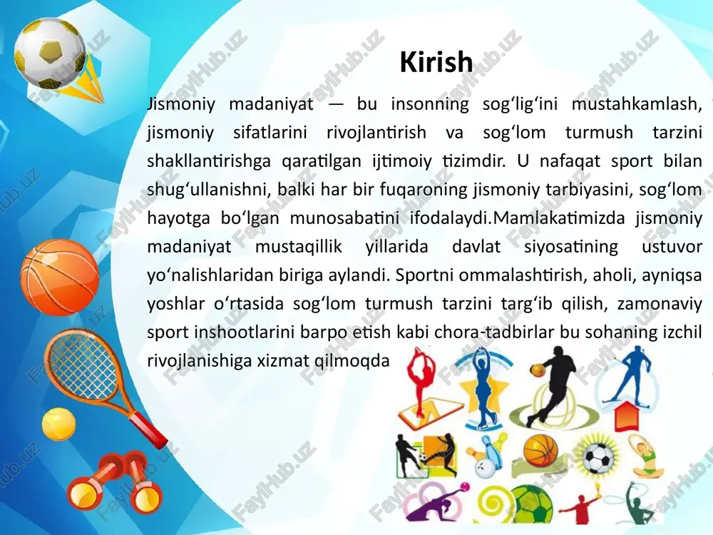 ning uchta asosiy funktsiyasi ajratilgan: sog‘liqni saqlash, ta’lim va madaniy rivojlanish. davlat siyosatining asosiy yo‘nalishi – ommaviy sportni rivojlantirish. “sog‘lom turmush tarzi” milliy dasturi (2019-2025) doirasida aholining 60 foizini jismoniy mashg‘ulotlarga jalb etish rejalashtirilgan. jismoniy madaniyat tizimining asosiy tarkibiy qismlari jismoniy madaniyat tizimi o‘zbekistonda ta’lim, tashkilotlar va ommaviy harakatlarning murakkab birikmasidan iborat. bu qismlar bir-biri bilan uzviy bog‘liq bo‘lib, tizimning samarali ishlashini ta’minlaydi. maktab va oliy ta’lim tizimida jismoniy tarbiya maktab va oliy ta’lim tizimida jismoniy tarbiya o‘zbekiston jismoniy madaniyatining poydevori hisoblanadi. sport infratuzilmasining rivojlanishi o‘zbekiston respublikasida sport infratuzilmasining rivojlanishi so‘nggi yillarda davlat siyosatining ustuvor yo‘nalishlaridan biri sifatida qaralmoqda. mustaqillik yillarida boshlangan islohotlar doirasida sport sohasiga katta sarmoyalar sarflanmoqda, bu esa nafaqat poytaxtda, balki mamlakatning barcha hududlarida sport madaniyatini rivojlantirishga xizmat qilmoqda. zamonaviy sport inshootlari va komplekslar barpo etilishi zamonaviy sport inshootlari va komplekslarning barpo etilishi o‘zbekiston sport infratuzilmasining rivojlanishidagi eng muhim bosqichlardan biri bo‘ldi. hududlarda sport imkoniyatlarini kengaytirish hududlarda …