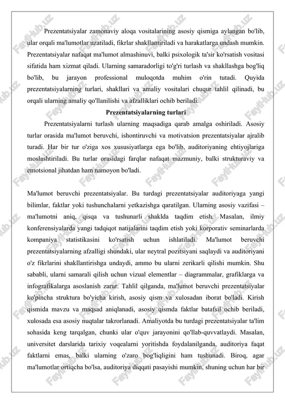 ntatsiyalar auditoriyani ma'lum bir fikr yoki qarorga undashga qaratilgan bo'lib, ularning asosiy maqsadi – qarshilikni yengish va ishonchni shakllantirish. bu tur ko'pincha biznes muzokaralarida, siyosiy kampaniyalarda yoki savdo taqdimotlarida qo'llaniladi. masalan, yangi mahsulotni bozorga chiqarishda mijozlarni ishontirish uchun ishlatiladi. tahlilga ko'ra, ishontiruvchi prezentatsiyalar aristotelning "etika, logika va patika" tamoyillariga asoslanadi: etika – spikerning obro'si, logika – dalillar, patika – emotsional murojaat. struktura bo'yicha ular muammo-eksperiment-yechim shaklida tuziladi. muammo qismida auditoriyaning og'riqli nuqtalari ko'rsatiladi, eksperimentda dalillar keltiriladi, yechimda esa taklif qilinadi. afzalliklari orasida auditoriyani harakatga undash mumkinligi bor, ammo muvaffaqiyat spikerning karizmasi va dalillarning mustahkamligiga bog'liq. amaliy misollar ko'rsatganda, ted nutqlarida ishontiruvchi elementlar ko'p uchraydi, chunki ular orqali millionlab odamlarning qarashlari o'zgaradi. zaif tomoni – agar dalillar zaif bo'lsa, teskari ta'sir ko'rsatishi mumkin, shuning uchun statistika va real misollardan foydalanish zarur. ishontiruvchi prezentatsiyalar zamonaviy marketingda asosiy o'rin tutadi, chunki ular savdo ko'rsatkichlarini 20-30% ga oshirishi mumkin.motivatsion prezentatsiyalar. motivatsion prezentatsiyalar auditoriyani ilhomlantirish …