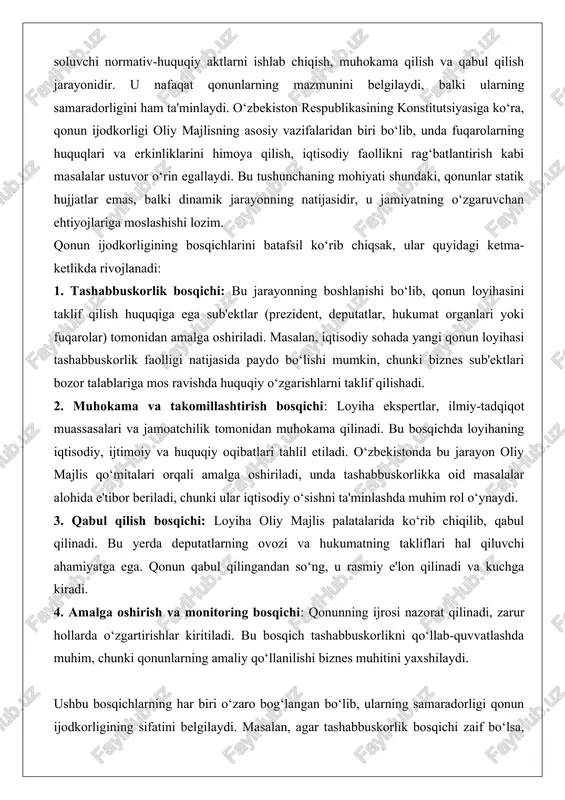 salari va jamoatchilik tomonidan muhokama qilinadi. bu bosqichda loyihaning iqtisodiy, ijtimoiy va huquqiy oqibatlari tahlil etiladi. o‘zbekistonda bu jarayon oliy majlis qo‘mitalari orqali amalga oshiriladi, unda tashabbuskorlikka oid masalalar alohida e'tibor beriladi, chunki ular iqtisodiy o‘sishni ta'minlashda muhim rol o‘ynaydi. 3. qabul qilish bosqichi: loyiha oliy majlis palatalarida ko‘rib chiqilib, qabul qilinadi. bu yerda deputatlarning ovozi va hukumatning takliflari hal qiluvchi ahamiyatga ega. qonun qabul qilingandan so‘ng, u rasmiy e'lon qilinadi va kuchga kiradi. 4. amalga oshirish va monitoring bosqichi: qonunning ijrosi nazorat qilinadi, zarur hollarda o‘zgartirishlar kiritiladi. bu bosqich tashabbuskorlikni qo‘llab-quvvatlashda muhim, chunki qonunlarning amaliy qo‘llanilishi biznes muhitini yaxshilaydi. ushbu bosqichlarning har biri o‘zaro bog‘langan bo‘lib, ularning samaradorligi qonun ijodkorligining sifatini belgilaydi. masalan, agar tashabbuskorlik bosqichi zaif bo‘lsa, loyihalar jamiyat ehtiyojlariga mos kelmasligi mumkin, natijada iqtisodiy rivojlanish sekinlashadi. shu sababli, qonun ijodkorligi jarayonini takomillashtirish uchun doimiy tahlil va baholash zarur.endi tashabbuskorlikning huquqiy tashabbus bilan bog‘liqligiga o‘tadigan bo‘lsak, bu munosabatlarning …