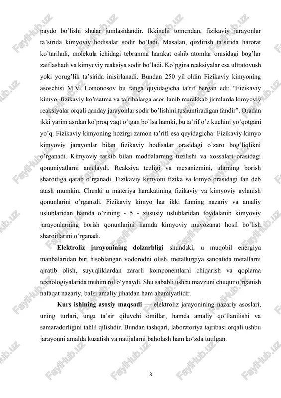 o orasidagi fan deb atash mumkin. chunki u materiya harakatining fizikaviy va kimyoviy aylanish qonunlarini o’rganadi. fizikaviy kimyo har ikki fanning nazariy va amaliy uslublaridan hamda o’zining - 5 - xususiy uslublaridan foydalanib kimyoviy jarayonlarning borish qonunlarini hamda kimyoviy muvozanat hosil bo’lish sharoitlarini o’rganadi. elektroliz jarayonining dolzarbligi shundaki, u muqobil energiya manbalaridan biri hisoblangan vodorodni olish, metallurgiya sanoatida metallarni ajratib olish, suyuqliklardan zararli komponentlarni chiqarish va qoplama texnologiyalarida muhim rol o‘ynaydi. shu sababli ushbu mavzuni chuqur o‘rganish nafaqat nazariy, balki amaliy jihatdan ham ahamiyatlidir. kurs ishining asosiy maqsadi — elektroliz jarayonining nazariy asoslari, uning turlari, unga ta’sir qiluvchi omillar, hamda amaliy qo‘llanilishi va samaradorligini tahlil qilishdir. bundan tashqari, laboratoriya tajribasi orqali ushbu jarayonni amalda kuzatish va natijalarni baholash ham ko‘zda tutilgan. kurs ishining vazifalari: elektrolizning fizik-kimyoviy mohiyatini o‘rganish; elektrolitlar va elektrodlarda sodir bo‘ladigan jarayonlarni tahlil qilish; elektrolizning sanoat va laboratoriya sharoitidagi qo‘llanilishi bilan tanishish; ii-bob: asosiy qism ii.1.elektroliz jarayonining kashf …