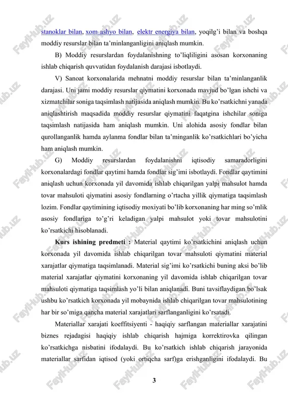 qlash uchun korxonada yil davomida ishlab chiqarilgan tovar mahsuloti qiymatini material xarajatlar qiymatiga taqsimlanadi. material sig’imi ko’rsatkichi buning aksi bo’lib material xarajatlar qiymatini korxonaning yil davomida ishlab chiqarilgan tovar mahsuloti qiymatiga taqsimlash yo’li bilan aniqlanadi. buni tavsiflaydigan bo’lsak ushbu ko’rsatkich korxonada yil mobaynida ishlab chiqarilgan tovar mahsulotining har bir so’miga qancha material xarajatlari sarflanganligini ko’rsatadi. materiallar xarajati koeffitsiyenti - haqiqiy sarflangan materiallar xarajatini biznes rejadagisi haqiqiy ishlab chiqarish hajmiga korrektirovka qilingan ko’rsatkichga nisbatini ifodalaydi. bu ko’rsatkich ishlab chiqarish jarayonida materiallar sarfidan iqtisod (yoki ortiqcha sarf)ga erishganligini ifodalaydi. bu koeffitsiyent 1 dan katta bo’lsa moddiy resurslardan samarali foydalanilganligini bilish mumkin. material sig’imini alohida ko’rsatkichlari moddiy resurslarning ayrim turlaridan samarali foydalanishni xarakterlaydi. ular qatoriga yoqilg’i sig’imi, material sig’imi, xom-ashyo sig’imi kabi ko’rsatkichlarni kiritish mumkin. odatda material sig’imini o’zgarishiga bir qator omillar ta’sir etadi. sanoat korxonalarining ishlab chiqarish jarayonlarining natijasi hamda samaradorligi ularning material resurslari bilan ta’minlanganligiga bevosita bog’liqdir. chunki korxonalarda ishlab chiqarilayotgan …