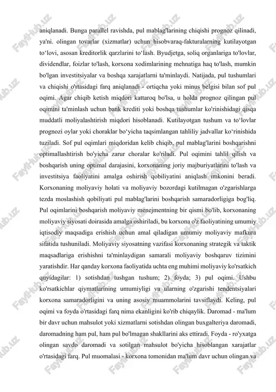 . moliyaviy siyosatning vazifasi korxonaning strategik va taktik maqsadlariga erishishni ta'minlaydigan samarali moliyaviy boshqaruv tizimini yaratishdir. har qanday korxona faoliyatida uchta eng muhimi moliyaviy ko'rsatkich quyidagilar: 1) sotishdan tushgan tushum; 2) foyda; 3) pul oqimi. ushbu ko'rsatkichlar qiymatlarining umumiyligi va ularning o'zgarishi tendentsiyalari korxona samaradorligini va uning asosiy muammolarini tavsiflaydi. keling, pul oqimi va foyda o'rtasidagi farq nima ekanligini ko'rib chiqaylik. daromad - ma'lum bir davr uchun mahsulot yoki xizmatlarni sotishdan olingan buxgalteriya daromadi, daromadning ham pul, ham pul bo'lmagan shakllarini aks ettiradi. foyda - ro'yxatga olingan savdo daromadi va sotilgan mahsulot bo'yicha hisoblangan xarajatlar o'rtasidagi farq. pul muomalasi - korxona tomonidan ma'lum davr uchun olingan va to'langan barcha mablag'lar o'rtasidagi farq. pul muomalasi korxona - bu uning xo'jalik faoliyati natijasida hosil bo'lgan mablag'larning vaqt bo'yicha taqsimlangan tushumlari va to'lovlari yig'indisidir. olingan foyda va naqd pul miqdori o'rtasidagi farq quyidagicha: - foyda ma'lum bir davrda qayd etilgan naqd va naqd …