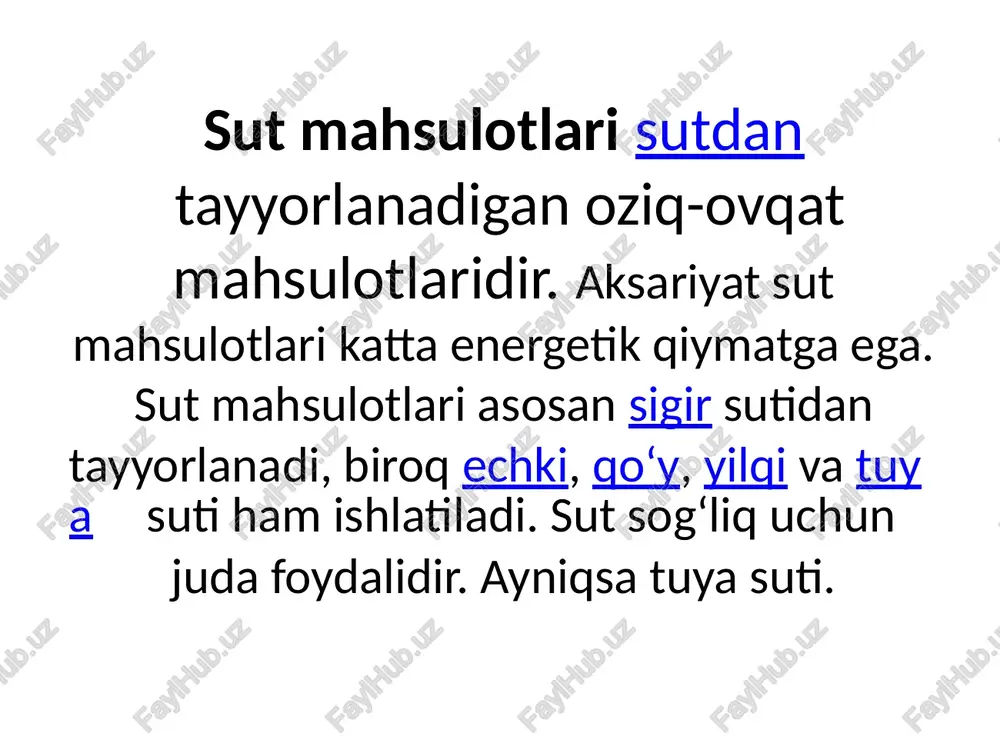 for, shuningdek, ikkita asosiy bog‘lovchi shakllarda; noorganik tuzlar (65 % gacha), kazein va fosfolipidlar tarkibida (35%) bo‘ladi. sutning ozuqaviy qiymati va hazm bo'lishi sutda mikroelementlardan temir mavjud bo‘lib, metalloproteinji majmua (laktoferrin)dan yuqori darajada biologik ommaboplikka ega bo‘ladi. biroq uning umumiy miqdori o‘ta kam bo‘lib, bu sut va sut mahsulotiarini ovqatlanishdagi tem ir manbayiga kiritishga imkon bermaydi. sutda askorbat kislota va p-karotin kabi vitaminlaming mavjud bo‘lishi yemlaming xossalari va mavsumiy boqishga bevosita bog‘liqdir — tabiiy yaylovlarda u anchagina balandroq bo‘ladi. sutning ozuqaviy qiymati va hazm bo'lishi sut doimo riboflavin va retinolning, qulay sharoitlarda esa boshqa vitaminlaming ham manbayi hisoblanadi. sutda, nutriyentlardan tashqari, yana biologik faol moddalar: fermentlar, gormonlar, immunobiologik birikmalar, shuningdek, pigmentlar (laktoflavin) mavjud bo‘ladi. sut va sut mahsulotlari uchun majburiy bo‘lgan issiqlik ishlovi berilishi esa ushbu birikmalaming faolligini va konsentratsiyasini sezilarli pasaytiradi. sutning ozuqaviy qiymati va hazm bo'lishi sutlarning fizik-kimyoviy xossalari. sutning asosiy fizik-kimyoviy xossalariga zichligi, yopishqoqligi, osmatik bosimi, muzlash …