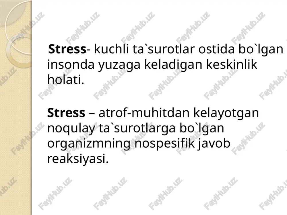 . 0 1 2 3. meni umidsizlik egallab oladi. 2 1 0 4. men stress holatlarida tinchlantiadigan tabletklalarsiz tinchlana olaman. 0 1 2 5. agar men juda kuchli stressga tushib qolsam albatta mutaxasisiga murojat qilgan bolar edim. 0 1 2 6. men g`amginlikka moyilman. 2 1 0 7. men boshqa birov bo`lishni istar edim. 2 1 0 8. men boshqa biron yerda bo`lib qiloshni istar edim.. 2 1 0 9. meni kayfiyatim oson buziladi 2 1 0 «siz stress bilan kurasha olasizmi?» 0-3 ball. siz o`zingizni qolga ola bilasiz va katta ehtimol bilan siz baxtlisiz. 4-7 ball. sizning stress bilan kurashish qobilyatingiz o`rtacha darajada. stressni yengishni orgatuvchi ayrim ussullar sizga fopydali. 8 va undan yuqori ball. sizga hayotdagi qiyinchilik bilan kurashish juda qiyin. agar siz o`z kuchingizni saqlab qolishni istasangiz stress bilan kurashishning samaarliroq usullarini qo`llashingiz kerak. hayot tonusini orttirish uchun retseptlar 1. ajoyib taqsimlangan ish kuni va dam olish …