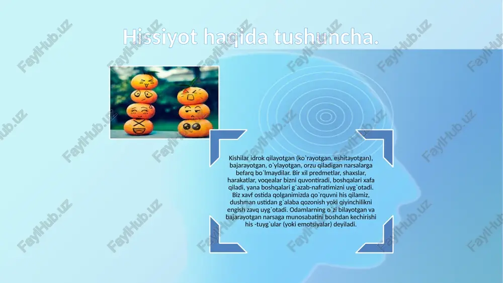 ruvchi aks ettiruvchi daraklovchi hissiyotlar turlicha vazifalarni bajaradilar undovchi (rag’batlantiruvchi) mustahkamlovchi o’tkazuvchi hissiyotlar turlicha vazifalarni bajaradilar moslashuvchi kommunikativ hosil qiluvchi va ifodalovchi hissiyotlar va sezgilar organizm holati va inson hulq-atvorini boshqarish vazifasini bajaradilar. xuddi shuningdek, yaxshi so‘z jon ozig‘i deydilar. bunda, avvalambor, muhim o‘rin tutgan insonning boshqa odamning emotsional holatiga verbal ta’siri ko‘zda tutilgan bo‘ladi. bunda hissiyotlar va sezgilarning boshqaruvchi vazifasi namoyon bo‘ladi. aks ettiruvchi vazifasi voqealarning umumiy baholanishi ifodalandi, sezgilar butun organizmning qamrab olgani uchun, ular ta’sir ko‘rsatayotgan omillarning foydasi yoki zararini aniqlashga va zararli ta’sir aniqlangunicha ta’sirlanish imkonini beradi. masalan, yo‘lni kesib o‘tayotgan odam undagi vaziyatga ko‘ra turli darajadagi qo‘rqinchni boshidan kechiradi. bundan kelib chiqadiki, hissiyotlar va sezgilarning aks ettirish vazifasi insonga atrof-olamda to‘g‘ri yo‘nalish olish va jismlar, hodisalarni ularning istalganligi nuqtai nazaridan baholash imkonini yaratadi. xabarlovchi vazifasi yuzaga keladigan kechinmalar insonga undagi ehtiyojlarni qondirish jarayonining kechishi, yo‘lida qanday to‘siqlarga uchrashi, birinchi navbatda nimalarga e’tibor qaratishi lozimligi va …