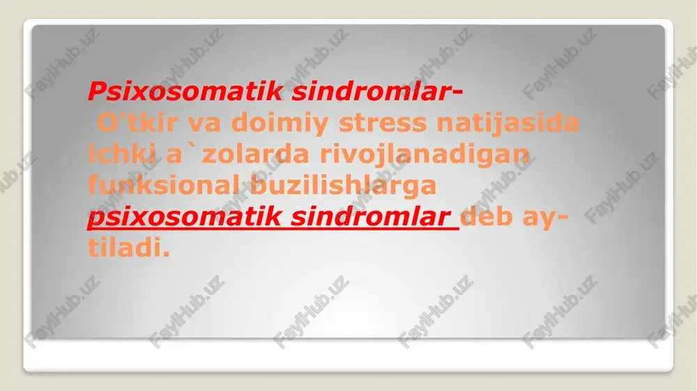 zioterapevtik muolajalar bilan uzoq vaqt muvaffaqiyatsiz davolash hollari uchrab turadi. bunday uslubda ishlaydigan vrachlarni mix kirib yorilgan ballonning teshigini mixni olib tashlamasdan turib har hil zamonaviy bo’g’imlar va yelimlar bilan yopishga uringan ustalarga o‘xshatishgan. hozirgi davrda psixogen artralgiya, ko'pincha, tasodifan yoki «bod» ga qarshi dorilar foyda beravermaganidan so'nggina aniqlanadi. bu davrda bemor deyarli barcha mutahassislarning qabulida bo'ladi va nihoyat, unda psixogen artralgiya borligi aniqlanadi. psixogen astma psixogen astma o'tkir va surunkali siqilishlardan so'ng kuzatiladigan hurujsimon kechuvchi nafas bo‘g’ilishidir. o'tkir stress va hissiy zo'riqishlardan so'ng nevrozga chalingan bemorlarda nafas yetishmovchiligi, bo‘g'ilish kabi holatlar ko'p uchraydi. psixogen bo‘g'ilish uchun o'ta hos bo'lgan simptomlardan biri nafas chiqarishdan ko'ra nafas olishning qiyinligidir. ular «to'yib nafas ololmasliklari va havo o'pkasining ohirigacha yetib bormasligidan» shikoyat qilishadi. bu holat keyinchalik surunkali tus olishi mumkin va bemorda huddi astma kasalligiga o‘xshash hurujlar kuzatila boshlaydi. psixogen bo‘g'ilishlar tomog’ning qurib qolishi, qichishi, ko'krakning siqilishi, nafas yo'llarining torayishi kabi turli hil …