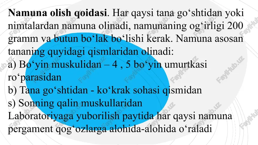 ik va tashqi eritmaning osmotik bosimi qamda hujayra qobigʻining elastikligi tufayli roʻy beradi. odatda, hayvonlar hujayrasi qobigʻining tarangligi uncha yuqori boʻlmaganidan turgor holati yuqori. tendon – pay. bu kollagen va elastik tolalarining ixcham tarzda joylashgan parallel to'plamlari hisoblanadi. fibrotsitlar filamentlar orasida joylashgan. xususiyat shundaki, tolali elementlar hujayrali elementlardan ustundir. bu butun strukturani mustahkamlik va past cho'zilish bilan ta'minlaydi. organoleptik tekshirish usuli. go‘shtning tashqi yuzasini tekshirayotganda avvalo uning rangiga e’tibor berilib, yuzasi kesib ko‘riladi. go‘shtning yopishqoqligi paypaslab aniqlanadi. yangi kesilgan go‘sht yuzasini barmoq bilan bosib ko‘rish orqali uning konsistensiyasi aniqlanadi. bosilganda go‘sht yuzasida hosil bo‘lgan chuqurcha qo‘lni olgandan keyin tezda o‘z holatiga qaytsa bu go‘shtning yangiligidan dalolat beradi. hosil bo‘lgan chuqurcha bir daqiqa mobaynida o‘z holatiga qaytmasa bu go‘sht yangi hisoblanmaydi. vstavte kartu kolonii (narisuyte ee, nachertite ot ruki ili sozdayte v ppt — proyavite svoi tvorcheskie sposobnosti!) ispolzuyte komandu "vstavka" -> "risunki" dlya vstavki fotografiy. ispolzuyte komandu "risovat" dlya tsifrovogo …