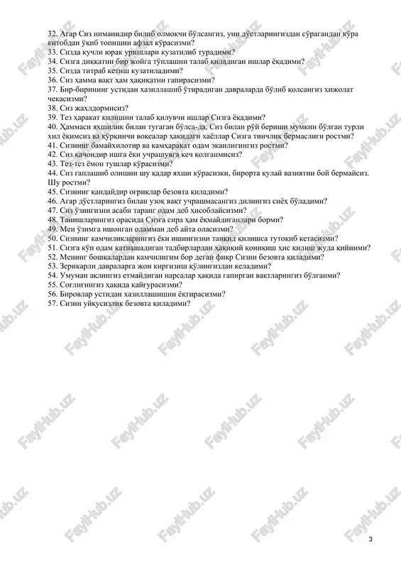 hmoqchi bo'lsangiz xijolat tortasizmi? 12. siz g'azablansangiz o'zingizni qo'yarga joy topa olmay qolasizmi? 13. keskin vaziyatlarda o'ylamasdan biror ishga qo'l urasizmi? 14. shuni qilmasligim yoki gapirmasiligim kerak edi, degan xayollar sizni tez-tez bezovta qiladimi? 15. siz odamlar bilan uchrashgandan ko'ra kitob o'qishni afzal ko'rasizmi? 16. sizning nafsoniyatingizga tegish juda osonligi rostmi? 17. siz tez-tez odamlar orasida bo'lishni yoqtirasizmi? 18. sizga ba'zan “buni birovlarga aytishni xoxlamasdim” degan fikr keladimi? 19. sizning ba'zan katta kuch-quvvatga to'lib toshishingiz va kuchli lanjlik xis qilishingiz rostmi? 20. siz o'z tanishlaringiz sonini eng yaqin do'stlaringiz bilan chegaralashga intilasizmi? 21. siz ko'p orzu qilasizmi? 22. sizga baqirishsa, siz ham shunday javob qaytarasizmi? 23. siz o'z odatlaringizni yaxshi deb hisoblaysizmi? 24. sizda aybdorlik hissi tez-tez paydo bo'lib turadimi? 25. siz ba'zan o'z xis-tuyg'ularingizga erk berishga va g'am-tashvishsiz do'stlar davrasida o'ynab-kulishga qodirmisiz? 26. sizning asabingiz o'ta taranglashgan desa bo'ladimi? 27. sizni chaqqon va quvnoq odam desa bo'ladimi? 28. siz …