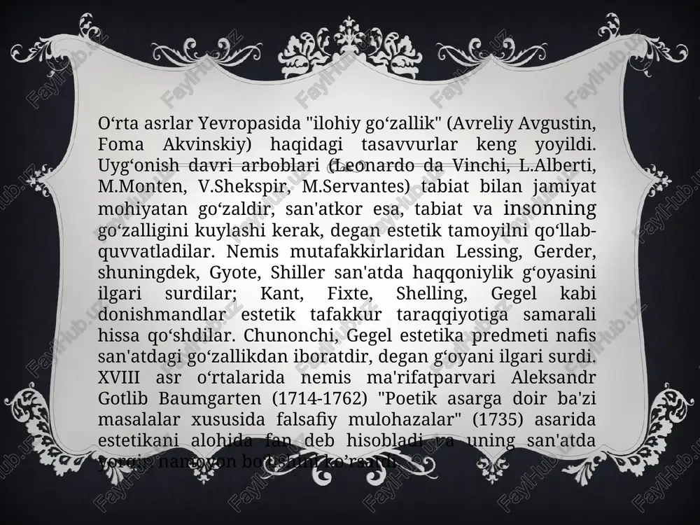 ng ustiga quriladi, lekin u bilan qo‘shilib ketmaydi. badiiy va estetik did o‘rtasidagi tafovug ularning turlicha idrok etish ob'yektlariga ega bo‘lishi bilan bog‘liqdir. ikki did o‘rtasidagi farqni hisobga olish bilan birga, ularni bir-biriga qarama-qarshi qo‘ymaslik lozim. badiiy did hamma vaqt estetik didga asoslanadi, undan kelib chiqadi. estetik ong - olamni estetik anglash, dunyoga inson munosabatining sub’yektiv tomoni. u ijtimoiy ong shakllaridan biri sifatida axloqiy ong, siyosiy ong, huquqiy ong, diniy ong, falsafiy ong kabi ijtimoiy hodisalar bilan bir qatorda turadi. estetik ong ma'naviy-ruhiy voqyea-hodisalar majmui bo‘lib, ular ijtimoiy hayot zaminida vujudga keladigan estetik his, estetik did, fikr, orzu-qarash nazariy tizimini anglatadi. estetik ong axloqiy ong bilan barobar tarzda, ijtimoiy ongning boshqa shakllaridan oldinroq vujudga kelgan. dastlabki paytlarda estetik his-tuig‘u, kechinmalar olamlarning bevosita moddiy va ma'naviy faoliyatiga chirmashib ketgan bo‘lib, tabiatni ijtimoiy taraqqiyyotning bu pallasida estetik his-tuyg‘u, kechinma va mulohazalar vujudga kelishi hamda rivojlanishi moddiy asoslar bilan chambarchas bog‘lanib ketganida yaqqol …