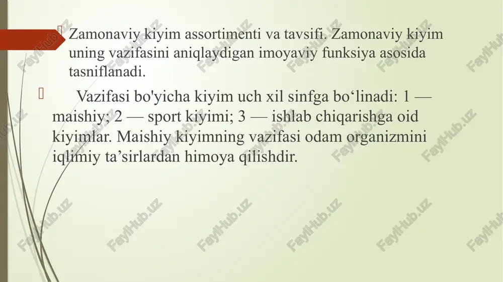 , buyumlarning assortimenti bo‘yicha tasnifi; 4 — razryad — vazifaga ko‘ra konstruktiv yechimi yaqin bo‘lgan buyumlarning guruh—tur majmui; 5 — razryad — xomashyo bo‘yicha kichik guruhlar: 1 — ip gazlamalar; 2 — zig‘ir va aralash tolalardan to'qilgan gazlamalar; 3 — shoyi, sintetik va aralash tolalardan to‘qilgan gazlama hamda trikotaj polotnolar va h.k. 6 — razryad — jinsi va yosh belgilari bo‘yicha kiyimlar turi: 1-erkaklar uchun; 2- ayollar uchun; 3- maktab yoshidagi o‘g‘il bolalar uchun va h.k. 7 dan 10 gacha bo‘lgan razryadlar kiyimlarning xillararo tasnifi. modelni o`rganib, tahlil qilish jarayoning ketma-ketligini o`rganish. birinchi bosqichda loyihalanayotgan buyum sifatini ta’minlovchi tehnik topshiriq tuziladi, ya’ni kiyimning vazifasi, sifat ko’rsatkichlari, konstruktorlik hujjatlarning bosqichlari, ularning tarkibi va kiyimlarga qo’yiladigan talablar yoritiladi. ikkinchi bosqichda tehnik taklif tayyorlanadi, ya’ni topshiriqqa muvofiq o’hshash modellar tanlanadi, tahlil qilinadi, yuqori sifat ko’rsatkichlarga ega bo’lgan tehnik takliflarning eskizi tuziladi, ularning konstruktiv o’hshashligi aniqlanadi, ya’ni taklif modellarining yangiligi va raqobatbardoshligi aniqlanadi. uchinchi …