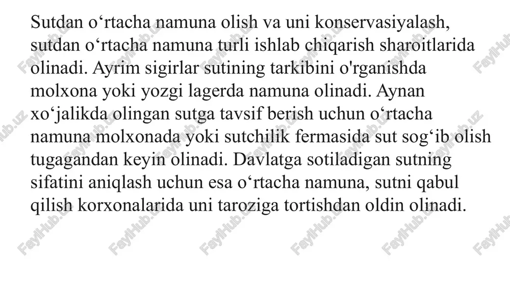 di. sutni tekshirishga tayyorlashda qizitishdan maqsad uning yog‘ donachalarining hamma joyga bir xil lurqalishini ta’minlash hisoblanadi konservatsiya qilingan sutni + 10°c haroratda qorong‘i joyda saqlash kerak. konservatsiya qilingan sut organoleptik, nordonligi, bakteriya bilan ifloslanganlik darajasi va biologik ko‘rsatkichlari bo‘yicha tahlil qilinmaydi. sutni organoleptik baholash organoleptik baholash – sutning sifatini inson sezgi organlari yordamida (ko‘z bilan ko‘rish, hidlash, ta’m bilish va qo‘l bilan ushlash) aniqlash usuli hisoblanadi. ushbu usul laboratoriya sinovlaridan oldin dastlabki baholash uchun qo‘llaniladi va sutning tabiiyligi hamda sifati haqida umumiy ma’lumot beradi. sutni baholash quyidagi asosiy mezonlar bo‘yicha amalga oshiriladi: -tashqi ko‘rinishi va rangi - hidi - ta’mi va mazasi - konsistensiyasi tayyorlanadigan sutni me’yorlanadigan kursatkichlari ko‘rsatkichlar oliy nav birinchi nav ikkinchi nav ta’mi va hidi sutga xos, begona ta’m va hidlarsiz qishgi-bahoriy yil vaqtida kuchsiz yem ta’mi va hidi mavjud bulishiga yul quyiladi kislotaligi, ot 16-18 16-18 16-20 tozalik darajasi, guruhdan past emas 1 1 1 bakterial …
