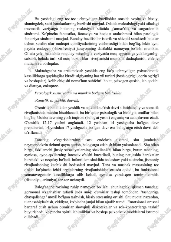 va vosita ko'nikmalarini rivojlantirishga yordam beradi. idrok, diqqat, xotira boyitiladi. hissiy ko'rinishlar yanada etuk bo'ladi. 5-6 yoshda bolani faoliyatning yangi turiga - kelgusi yillarda etakchi bo'ladigan maktabga tayyorlash eng muhim vazifadir. bolani maktabga samarali tayyorlash uchun nafaqat uning intellektual tayyorgarligi, balki uning o'qishga, o'qituvchilariga, kursdoshlariga bo'lgan munosabati ham muhimdir. u jamoaga kirishni, boshqalar bilan birgalikda harakat qilishni, bo'ysunishni, itoat qilishni o'rganishi kerak. aynan shu davrda ikkinchi yosh inqirozi (6-7 yosh) sodir bo'ladi. u quyidagilar bilan tavsiflanadi: • bola shaxsining ichki va tashqi tomonlarini farqlashning boshlanishi; • bolalarning spontanligini silliqlash; • injiqlik; • o'zlarining ishonchsizligi va boshqalardan qo'rqishini yashirishga yordam beradigan himoya xatti-harakatlari (odob-axloq, qasddan, masxarabozlik, masxarabozlik va boshqalar); • shaxsning o'ziga bo'lgan hurmatini shakllantirish (ko'pincha a'lo o'quvchilarda ortiqcha baholanadi va yomon o'quvchilarda kam baholanadi). bu yoshdagi eng tez-tez uchraydigan buzilishlar orasida vosita va hissiy, shuningdek, xatti-harakatlarning buzilishi mavjud. odatda maktabdagi yoki oiladagi travmatik vaziyatga bolaning reaktsiyasi sifatida g'amxo'rlik va sargardonlik …
