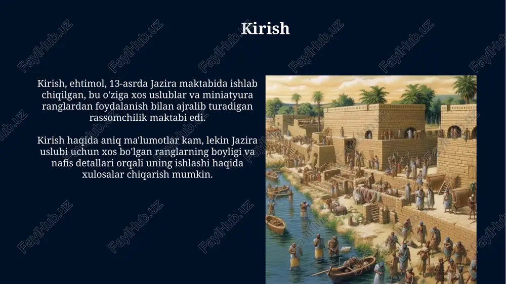 , 13-asrda, metall buyumlar ishlab chiqarishga katta ta'sir ko'rsatdi, ayniqsa, damashq po'latidan yasalgan qurollar va bezak buyumlari ishlab chiqarishda. bu davrda yuqori sifatli mahsulotlar yaratilgan. o'sha davrda kitob san'ati, ayniqsa, illyuminatsiya va xattotlik, jazira maktabining uslubiy xususiyatlarini aks ettirgan holda gullab-yashnadi, bu esa keyingi davrlarga sezilarli ta'sir ko'rsatdi. xulosa xulosa, xiii asrda yaratilgan, qur'onning qisqacha mazmunini beruvchi islomiy qo'lyozmadir, unda muhim oyatlar va mavzular ta'kidlangan. ushbu asar jazira yoki shimoliy mesopotamiya maktabi bilan bog'liq bo'lishi mumkin, chunki uning uslubi va bezaklari o'sha davr san'ati bilan mos keladi. e'tiboringiz uchun rahmat image6.jpg image7.jpg image8.jpg image9.jpg image10.jpg image11.jpg image12.jpg image13.jpg image14.jpg image15.jpg image16.jpg image17.jpg image4.jpeg
