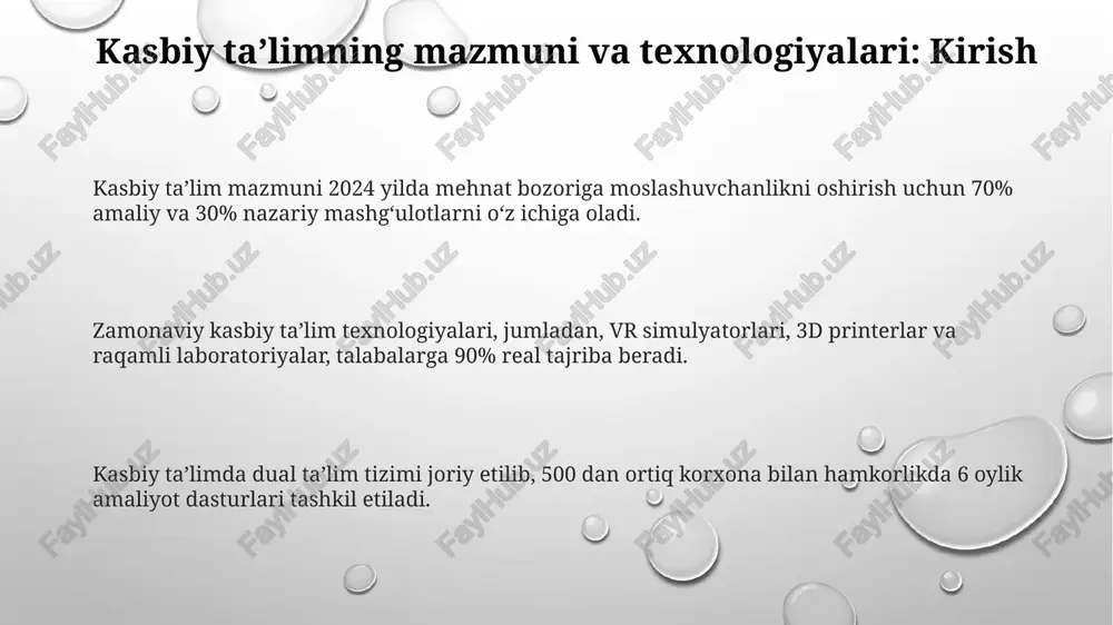 alabalarga tezkor fikr-mulohazalar beradi. kasbiy taʼlim mazmunini loyihalashtirish: tamoyillar va bosqichlar loyihalashtirishning 2-bosqichi - tahlil bosqichi, bunda 5 ta asosiy omil, jumladan, mehnat bozori va o’quvchilarning ehtiyojlari chuqur o'rganiladi, 25%lik aniqlik talab etiladi. kasbiy ta’lim mazmunini loyihalashtirishda 1-tamoyil - bu maqsadga muvofiqlik, ya’ni o’quv dasturlari bozor talablariga javob berishi, 70% amaliy ko'nikmalarga ega bo'lishi kerak. 3-tamoyil integratsiya hisoblanadi, bunda 4 ta fanlararo bog’liqlik, masalan, texnik chizmachilik va materialshunoslik, 80% o’zaro bog’liqlikni ta’minlashi ta’minlanishi lozim. oʻquv rejalari va dasturlarini ishlab chiqish o'quv rejalari modul tizimiga asoslangan bo'lib, har bir modul kasbiy kompetensiyalarni rivojlantirishga yo'naltirilgan 80-120 soatlik o'quv yuklamasini o'z ichiga oladi. dasturlar davlat ta'lim standartlari (dts) talablariga muvofiq ishlab chiqiladi va kasbiy standartlarga mos kelishi, kamida 70% amaliy mashg'ulotlarni o'z ichiga olishi kerak. o'quv rejalari va dasturlarini ishlab chiqishda ish beruvchilarning talablari inobatga olinadi, har 3 yilda bir marta qayta ko'rib chiqiladi va yangi texnologiyalar bilan to'ldiriladi. baholash vositalari va metodlari …