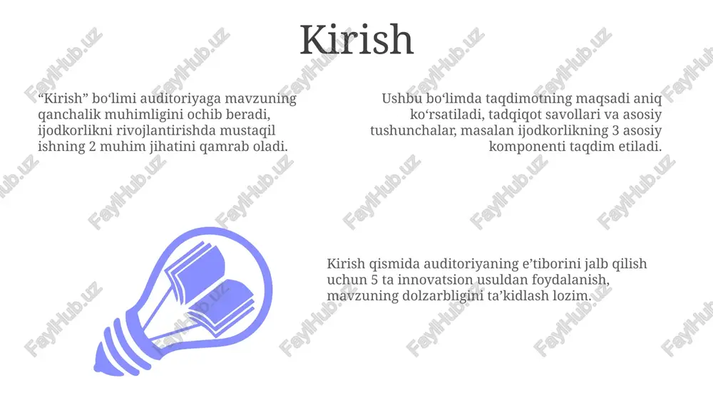 or beradi: o'ziga ishonch, qiziqish, xavf-xatarsiz muhit yaratish, natijaga emas, balki jarayonga urg'u berish va doimiy fikr-mulohazalar bilan ta'minlash. mustaqil ish uchun topshiriqlarni ishlab chiqish tamoyillari topshiriqlar murakkablik darajasiga ko'ra farqlanishi kerak, o'quvchilarning individual qobiliyatlarini hisobga olgan holda, 1-darajali topshiriqdan 3-darajali topshiriqqacha o'tish imkoniyatini ta'minlash muhimdir. mustaqil ish topshiriqlari aniq maqsadlarga ega bo'lishi kerak, ularning aniq soni va natijalari o'quvchilar tomonidan tushunilishi lozim. bu o'quvchilarga yo'naltirilganlik hissini beradi. baholash mezonlari oldindan e'lon qilinishi shart. o'quvchilar ishni boshlashdan oldin baholash shkalasi bilan tanishishlari, 90 foiz natijaga erishish uchun nimalarga e'tibor berish kerakligini bilishlari zarur. resurslar va vositalar: ijodkorlikni qo'llab-quvvatlash "moodle" kabi lms platformalari guruh loyihalarida ijodiy fikrlashni rag'batlantiradi, chunki ular hamkorlik uchun vositalar, 24/7 resurslar va baholash imkoniyatlarini taqdim etadi. "canva" kabi vizual vositalar taqdimotlar, infografikalar uchun dizayn yechimlarini soddalashtiradi. ijodiy g'oyalarni vizual tarzda aks ettirish uchun 1000 dan ortiq andozalar mavjud. "scratch" kabi dasturlash muhitlari yosh dasturchilarga 150 dan ortiq …