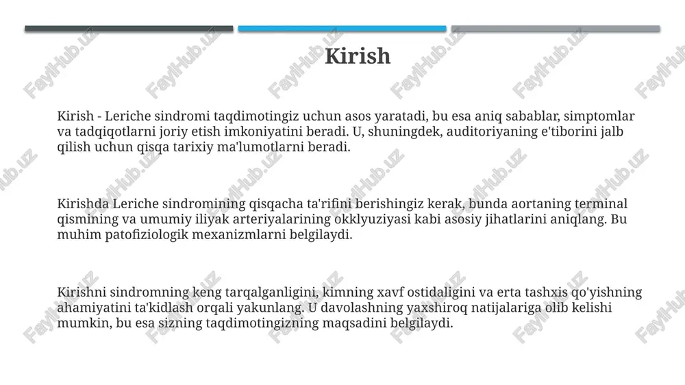 irlari kasalligining boshqa shakllari, xususan, obliteratsiya qiluvchi endarteriit bilan differentsial diagnostika o'tkazish lozim, chunki bu kasallikda ko'pincha 25-40 yoshdagi yosh erkaklarda oyoqlarning pastki qismlari ta'sirlanadi. lerish sindromi va diabetik angiopatiyani farqlash juda muhim, chunki diabetik angiopatiyada distal qon tomirlar ko'proq ta'sirlanadi va klinik ko'rinish 45-65 yoshda paydo bo'ladi, shuningdek, qandli diabet anamnezida mavjud bo'ladi. davolash usullari: konservativ yondashuv qon tomirlarini kengaytiruvchi dorilar, masalan, pentoksifillin 400 mg dan kuniga 3 marta qabul qilish mumkin, lekin ularning samaradorligi lerish sindromida bahsli hisoblanadi. konservativ yondashuvda yurish masofasini oshirish uchun 3-6 oy davomida nazorat ostida mashqlar, masalan, har kuni 30-45 daqiqa piyoda yurish tavsiya etiladi. tamaki chekishni to'xtatish, qon bosimini 140/90 mmhg dan past darajada ushlab turish va qondagi xolesterin miqdorini nazorat qilish kasallikning rivojlanishini sekinlashtiradi. davolash usullari: jarrohlik aralashuv aorto-bifemoral shuntlashda aorta qorin bo'shlig'idan ikkala son arteriyasiga bypass yaratiladi, bu qon oqimini tiklaydi; muvaffaqiyat darajasi 90% gacha yetadi. endovaskulyar angioplastika va stentlashda kateter …
