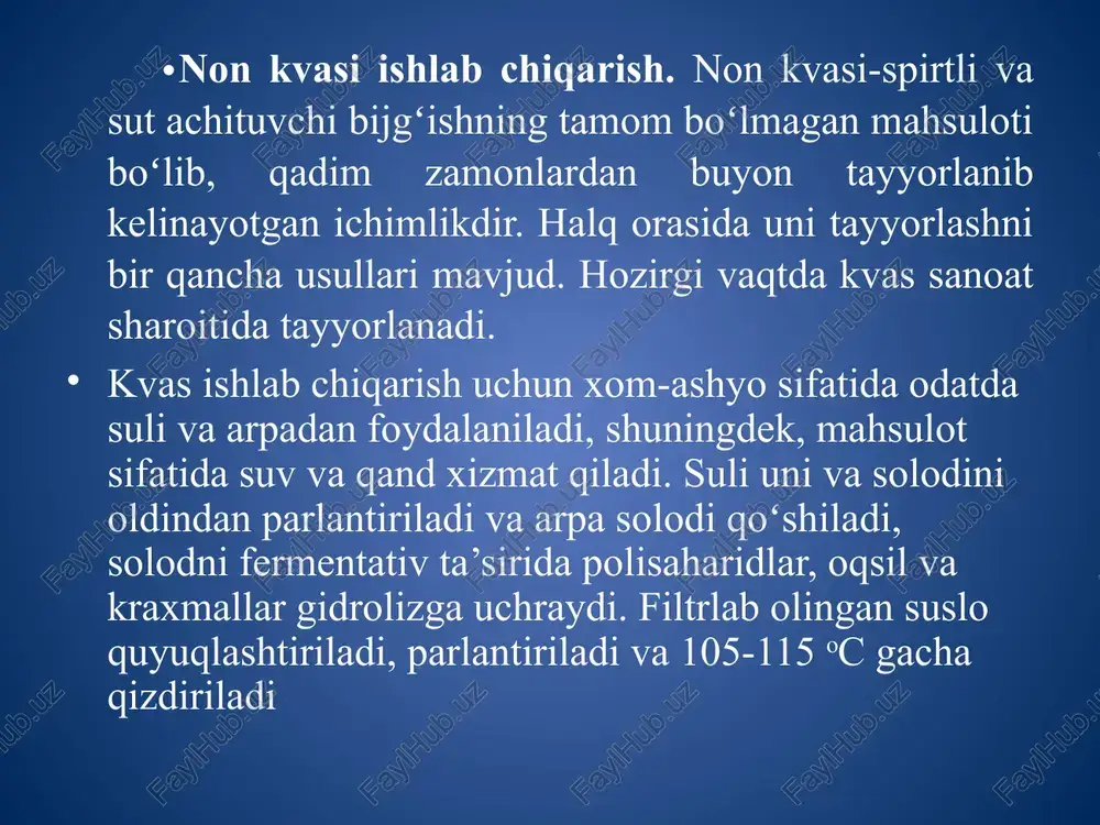anligi aniqlangan. hozirgi vaqtda achitqilarni sacch. serevisiae ning sinonimlari deb qarash tavsiya qilingan. vino ishlab chiqarish. uzum vinosi – uzum sharbatini spirtli bijgʻishi natijasida olinadigan ichimlikdir. sanoatda ishlab chiqarilayotgan vinolar assortimenti juda boy. uzum vinosi bitta uzum navidan tayyorlanishi mumkin buni navli, navlar aralashmasidan tayyorlanganini esa kupaj vinosi deyiladi. yuqori sifatli vinolar alohida vino tayyorlash hududlarida maxsus texnologiyalar asosida tayyorlanadi. vino tayyorlash texnologiyasi xilma-xildir. tinch (quruq) vino ishlab chiqarishda uzumni yaxshi pishganini eziladi, magʻzi va donini siqib suslosi ajratiladi. olingan susloni bijgʻitishga qoʻyiladi. ilgari va koʻpincha hozirgi vaqtda ham uy sharoitida “yovvoyi” achitqilar yordamida, ya’ni uzum poʻstloqida tabiiy holda uchraydigan achitqilar yordamida bijgʻitilgan. bu yoʻl bilan bijgʻitish hamma vaqt kafolatli, yuqori koʻrsatkich beravermaydi. shuning uchun hozirgi vaqtda bijgʻitish jarayoni ayniqsa sanoat sharoitida achitqilarni toza kuluturasi sacch. serevisae (avval bu rasa achitqilarni sacch. vinii deyilgan)dan foydalaniladi. vino ishlab chiqarish zavodlari koʻp miqdorda yuqori sifatli, tezda va toʻliq ravishda bijgʻiydigan va susloni …