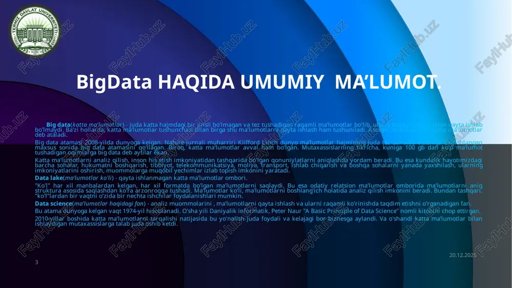 ida umumiy ma’lumot. data science(ma'lumotlar haqidagi fan) data science(ma'lumotlar haqidagi fan) - analiz muommolarini , ma'lumotlarni qayta ishlash va ularni raqamli ko'rinishda taqdim etishni o'rganadigan fan. bu atama dunyoga kelgan vaqt 1974-yil hisoblanadi. o'sha yili daniyalik informatik, peter naur "a basic principle of data science" nomli kitobini chop ettirgan. 2010-yillar boshida katta ma'lumotlarni tarqalishi natijasida bu yo'nalish juda foydali va kelajagi bor biznesga aylandi. va o'shandi katta ma'lumotlar bilan ishlaydigan mutaxassislarga talab juda oshib ketdi. data science tushunchasiga ma'lumotlar omborini loyihalash va raqamlangan ma'lumotlarni qayta ishlashning barcha metodlari kiradi. ko'plab mutaxassislar fikricha, aynan data science big dataning biznes nuqtai nazaridan hozirgi zamonoviy o'rindoshi hisoblanadi. data mining(ma'lumotlarni topish) - biron qonuniyatni topish maqsadida ma'lumotlarni intellektual analiz qilishga aytiladi. isroillik matematik grigoriy pyatetskiy-shapiro 1989-yilda bu atamani fanga kiritgan. 6 10.11.2025 6 big data nima? aslida, atamaning ta'rifi yuzaga chiqadi: "katta ma'lumotlar" juda katta hajmdagi ma'lumotlarni boshqarish va ularni tahlil qilishni anglatadi. agar …
