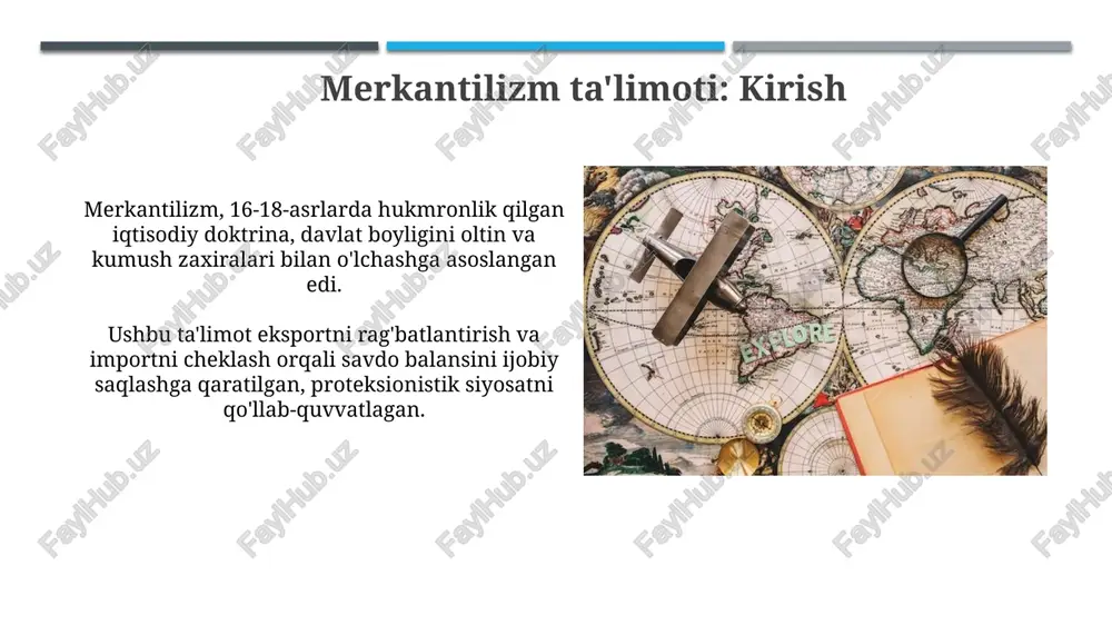 rkantilistlarning pul massasini ko'paytirish siyosati inflyatsiyaga olib kelishini va foyda bermasligini ko'rsatdi. adam smit va merkantilizmga qarshi chiqish adam smit 1776 yilda "xalqlar boyligi" asarida merkantilizmning proteksionistik siyosatini tanqid qilib, erkin savdoni iqtisodiy o'sishning asosiy omili deb hisobladi. smit merkantilizmning asosiy xatosi deb, boylikni faqat oltin va kumush bilan o'lchashni ko'rsatdi va haqiqiy boylik ishlab chiqarish va iste'mol ekanligini ta'kidladi. merkantilizmning zamonaviy ko'rinishlari ba'zi mamlakatlar, masalan, xitoy, eksportga yo'naltirilgan o'sish strategiyasini qo'llab, valyuta kursini manipulyatsiya qilib, 19-asr merkantilizmining takrorlanishini namoyon qiladi. neomarkantilizm davlat investitsiyalari orqali strategik sanoatlarni qo'llab-quvvatlash, import o'rnini bosish siyosatini yuritish kabi yo'nalishlarda 21-asrda ham o'z ta'sirini saqlab qolmoqda. merkantilizmning afzalliklari va kamchiliklari merkantilizmning afzalligi davlat daromadlarini 16-18-asrlarda oshirgan. eksportni rag'batlantirish va importni cheklash orqali oltin zaxiralari to'planishiga sabab bo'lgan. kamchiligi, merkantilizm boshqa davlatlar bilan iqtisodiy urushlarga olib kelishi mumkin edi. zero, barcha davlatlar bir vaqtning o'zida savdo profitsitiga erisha olmas edi. merkantilizm: o'zbekiston uchun saboqlar o'zbekiston uchun …