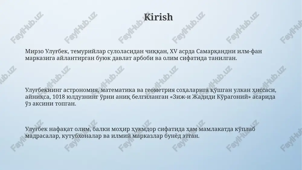 vlar uchun asos boʻlgan. matematika va geometriya sohasidagi yutuqlari ulug'bek yerning o'lchamini aniqlashda sezilarli natijalarga erishgan. uning hisob-kitoblariga ko'ra, yer aylanasining uzunligi 402 km ga yaqin bo'lib, bu zamonaviy o'lchovlarga yaqin. ulug'bekning 'ziji jadidi ko'ragoniy' asarida trigonometrik jadvallar juda aniq bo'lib, sinus va tangens qiymatlarini 8 ta o'nlik belgida hisoblagan, bu o'sha davr uchun ajoyib natija edi. ulug'bek geometriyada ham katta yutuqlarga erishgan. u yassi va sferik trigonometriya masalalarini yechishda yangi usullarni ishlab chiqqan va ularni astronomik kuzatuvlarda qo'llagan. tarixiy merosi ulug‘bekning "zij" asari 1018 yulduzning joylashuvini aniq ko‘rsatib, ptolemey katalogidan keyingi eng muhim astronomik jadval bo‘lib, 1437-yilda yakunlangan. ulug‘bek madrasalari, ayniqsa samarqanddagi, nafaqat diniy, balki ilmiy markazlar ham bo‘lgan; bu yerda matematika, astronomiya va boshqa fanlar 15-asrda o‘qitilgan. ulug‘bekning ilmiy merosi, masalan, uning trigonometriya jadvallari, yevropa olimlari tomonidan nikolay kopernik kabi keyingi tadqiqotlar uchun asos bo‘lib xizmat qilgan. madaniy rivojlanishga qo'shgan hissasi ulug'bek 1420-yilda samarqandda madrasa qurdirib, u yerda …