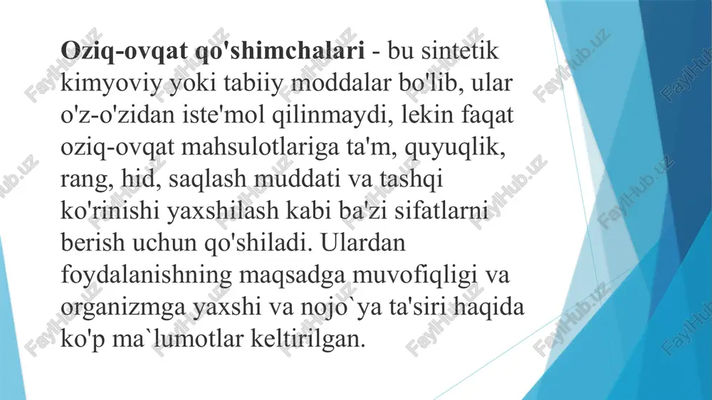 ishlarni oldini olish hamda sog‘lom balansni tiklash maqsadida ratsionini maqbul darajaga yetkazish yoki organizmni zarur bo‘lgan foydali moddalar bilan to‘ldirish uchun mo‘ljallangan, tarkibida kelib chiqishi tabiiy yoki tabiiyga o‘xshash sun’iy biologik faol moddalar (ularning konsentratlari) va (yoki) prebiotik komponentlar hamda probiotik mikroorganizmlar mavjud oziq-ovqat mahsulotlari. yuqoridagi ta’riflardan ko‘rinib turibdiki, biologik faol qo‘shimchalar davolovchi ta’sirga ega emas. davolovchi ta’sirga ega bo‘lgan mahsulotlar dori vositalari hisoblanadi. o‘zbekiston respublikasining 2016 yil 4 yanvardagi «dori vositalari va farmatsevtika faoliyati to‘g‘risida»gi 399-sonli qonunining 3-moddasida dori vositalariga quyidagicha ta’rif berilgan: dori vositalari — kasalliklar profilaktikasi, ularga tashhis qo‘yish va davolash, shuningdek, odam organizmining holati va funksiyalarini o‘zgartirish uchun tibbiyot amaliyotida qo‘llanilishiga ruxsat etilgan dori moddalari (substansiyalar) va yordamchi moddalar asosida olingan vositalar, dori moddalari (substansiyalar), dori preparatlari. hozirgi kunda ommaviy axborot vositalarida (televideniya, radio, ijtimoiy tarmoqlar, messenjerlar va boshqalar) yorliqlarida “bfq/bad va dori vositasi hisoblanmaydi” deb yozilgan mahsulotlar reklamasi ko‘p uchramoqda. o‘zbekiston respublikasi sanitariya-epidemiologik osoyishtalik va …