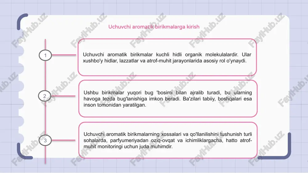 birikmalar havoga osongina bug'lanib ketadigan kimyoviy moddalardir. ushbu birikmalarni tartibga solish aholi salomatligi va atrof-muhitni muhofaza qilish uchun juda muhimdir. davlat idoralari havo ifloslanishining oldini olish maqsadida sanoat korxonalari va transport vositalari tomonidan havoga chiqarilishi mumkin bo‘lgan uchuvchi aromatik birikmalar miqdori bo‘yicha chegaralar belgilab beradi. muvofiqlikni ta'minlash va ularning havo sifati va inson salomatligiga salbiy ta'sirini kamaytirish uchun uchuvchi aromatik birikmalar bo'yicha qoidalarni kuzatish va ularga rioya qilish muhim ahamiyatga ega. 1 2 3 uchuvchi aromatik birikmalarning atrof-muhitga ta'siri uchuvchi aromatik birikmalar havoga osongina bug'lanib, havo ifloslanishiga hissa qo'shadigan organik kimyoviy moddalardir. ular odatda benzin, bo'yoqlar va erituvchilarda mavjud. ushbu birikmalar atrof-muhitga sezilarli ta'sir ko'rsatadi, chunki ular atmosferadagi boshqa ifloslantiruvchi moddalar bilan reaksiyaga kirishib, ozon va tutun kabi zararli birikmalarni hosil qiladi. uchuvchi aromatik birikmalarga ta'sir qilish inson salomatligiga salbiy ta'sir ko'rsatishi, nafas olish muammolari va boshqa jiddiy kasalliklarni keltirib chiqarishi mumkin. atrof-muhitda ularning mavjudligini kuzatish va yumshatish muhimdir. uchuvchi …