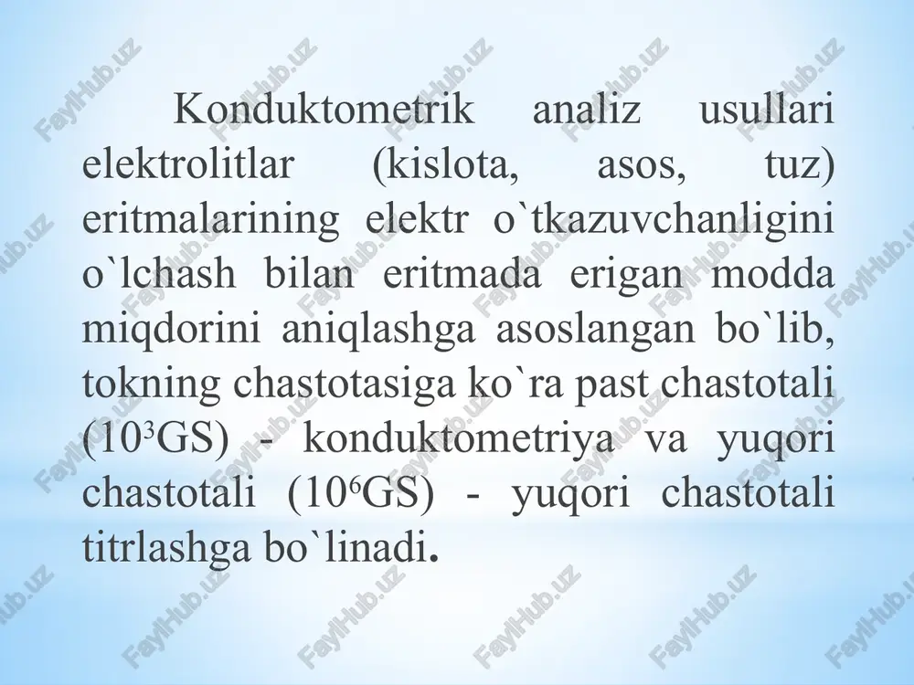 ma`lum qiymatdan keyin kamayishiga olib keladi. bu bog`lanish onzager tenglamasi bilan ifodalandi. - berilgan konsentraiyadagi eritmaning ekvivalent elektr o`tkazuvchanligi; o - cheksiz suyultirilgan eritmaning ekvivalent elektr o`tkazuvchanligi; μ0 - eritmaning ion kuchi; β - erituvchining kimyoviy tabiatiga bog`liq bo`lgan kattalik. eritma konsentraiyasi oshishi bilan eritmada zaryadli zarrachalar soni oshadi, natijada elektr o`tkazuvchanlik ma`lum qiymatgacha oshadi, keyin esa kamayadi, chunki eritma konsentraiyasi oshishi bilan eritmaning ion kuchi oshadi, natijada ionlar orasidagi masofa kichrayib, ion juftlari hosil bo`lib, ionlarning harakatchanligi kamayadi. demak, konsentraiya va ionlarning zaryadi qancha katta bo`lsa, eritmaning ion kuchi shuncha katta bo`ladi. ekvivalent elektr o`tkazuvchanlik eritmaning suyultirilishi bilan o`zgarib, eritma cheksiz suyultirilganida o`zining eng katta qiymatiga yotadi. chunki eritma suyultirilishi bilan ionlar orasidagi o`zaro ta`sir susayib, ionlarning harakat tezligi ortadi . kuchsiz elektrolit eritmalarida konsentraiyaning kamayishi bilan dissociaciyalanish darajasi ortadi; cheksiz suyultirilganda elektrolit amalda to`liq dissocilangan deb hisoblanadi. bunday holda ekvivalent elektr o`tkazuvchanlikning konsentraiyasiga bog`liqligini kolraush tenlamasi bilan ifodalanadi. …