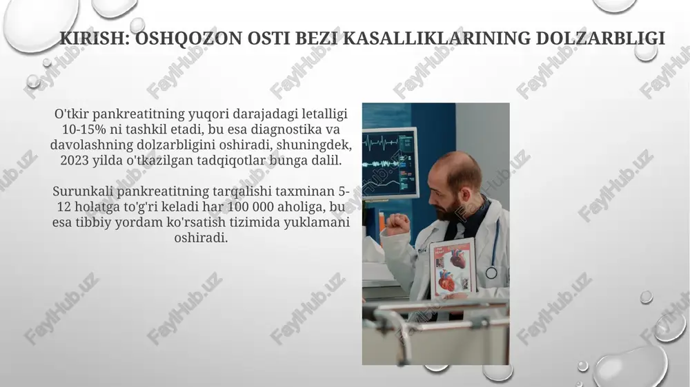 yuqori dozadagi ionlashtiruvchi nurlanish ta'siri bo'lib, bu ayniqsa yosh bemorlarda saraton xavfini oshirishi mumkin. magnit-rezonans tomografiya (mrt): qo'llash sohalari mrt pankreatitning o'tkir va surunkali shakllarini aniqlashda, to'qimalarning 1-2 mm gacha bo'lgan o'zgarishlarini ko'rish imkonini beradi. mrtxoletsistopankreatitda o't yo'llari va pankreatik yo'llarning holatini 3d formatda ko'rishga yordam beradi, 5 mm gacha bo'lgan toshlarni aniqlash imkoni bor. endoskopik ultratovush (eut): diagnostik ahamiyati eut pankreatik o'smalarni aniqlashda yuqori sezuvchanlikka ega (90-95%), ayniqsa kichik o'lchamdagi (≤2 sm) o'smalarni biopsiya orqali tasdiqlash imkonini beradi. eut saratonning t bosqichini aniqlashda kt va mrtga nisbatan aniqroq, ya'ni o'sma qanchalik keng tarqalganligini aniqlashda afzalliklarga ega. oshqozon osti bezi kasalliklarini differensial diagnostikasi o'tkir pankreatitda amilaza va lipaza darajalari 3-5 barobar oshishi mumkin, lekin surunkali pankreatitda bu ko'rsatkichlar normal bo'lishi ehtimoli yuqori. o'sma markerlari (ca 19-9) oshqozon osti bezi saratonida yuqori bo'lishi mumkin, lekin xolangit yoki kistadenoma kabi boshqa holatlarda ham o'sishi mumkin. e'tiboringiz uchun rahmat image4.png image2.png image5.jpg image6.jpg …