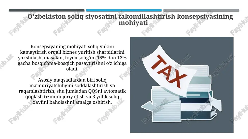 larini to'g'ri topshirish bo'yicha ko'nikmalarni shakllantirishga qaratilgan. malakani oshirish kurslari, soliq qonunchiligidagi o'zgarishlarni (masalan, qqs stavkalari) tushuntirish, soliq imtiyozlaridan foydalanish yo'llarini ko'rsatish orqali soliq yukini kamaytirishga yordam beradi. xalqaro soliq hamkorligini rivojlantirish xalqaro soliq hamkorligi global soliq qoidalarini muvofiqlashtirishni o'z ichiga oladi, beps loyihasi doirasida 140 dan ortiq davlat ishtirokida soliq bazasini yuvishning oldini olishga qaratilgan. o'zbekistonning xalqaro soliq shartnomalari (dta) soliq rezidentligi masalalarini hal qiladi, ikkilamchi soliqqa tortishni bartaraf etadi va daromadning taqsimlanish qoidalarini belgilaydi. mulk soliqlarini takomillashtirish mulk solig'ini takomillashtirish jismoniy shaxslar uchun kadastr qiymatiga yaqin bo'lgan bozor qiymatiga asoslangan yangi baholash mexanizmini 2024-yildan joriy etishni nazarda tutadi. yuridik shaxslar uchun mulk solig'i bo'yicha soliq bazasini aniqlashda qoldiq qiymatdan voz kechish va baholashni xalqaro standartlarga muvofiq bozor qiymatiga asoslash muhim ahamiyatga ega. qqs islohoti: muhim jihatlar qqs islohoti 2019-yilda amalga oshirilib, stavka 20% dan 15% gacha pasaytirildi. bu soliq yukini kamaytirib, biznes faolligini oshirishga qaratilgan muhim qadam bo'ldi. …