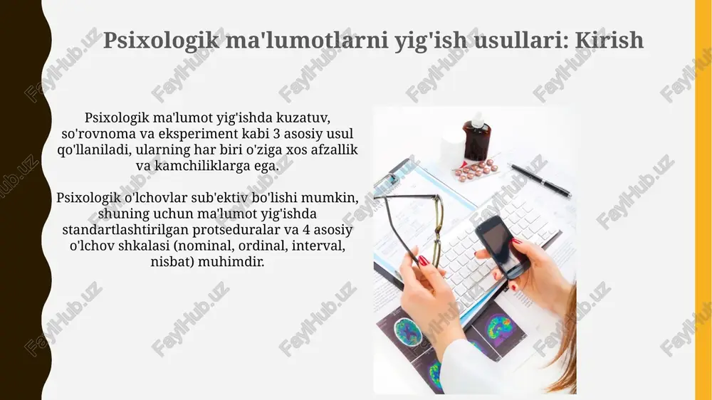 t-takror test (test-retest reliability) usuli bir xil testni ikki marta o'tkazish orqali olinadigan natijalarning korrelyatsiyasini aniqlaydi, bu ko'rsatkich 0.80 dan yuqori bo'lishi kerak. ishonchlilik turlari (test-takrorlash, ichki muvofiqlik, parallel shakllar) test-takrorlash ishonchliligi bir xil testni 2 marta o'tkazish orqali o'lchanadi; natijalar o'rtasidagi yuqori korrelyatsiya (0.70 dan yuqori) barqarorlikni ko'rsatadi. ichki muvofiqlik (masalan, cronbach alfa) test elementlari o'rtasidagi bog'liqlikni baholaydi; 0.80 dan yuqori qiymat elementlar bir xil konstruktni o'lchashini ko'rsatadi. o'lchov vositalarining haqiqiyligi o'lchov vositasining haqiqiyligi, masalan, testning mazmuniy haqiqiyligi, 0.70 koeffitsientdan yuqori bo'lishi kerak, bu esa test savollari mavzuni to'liq qamrab olishini anglatadi. konstruktiv haqiqiylik, ya'ni o'lchov vositasi nazariy konstruktlarni o'lchay olishi, diskriminant haqiqiylik orqali tekshiriladi, bunda korrelyatsiya 0.3 dan kam bo'lishi lozim. haqiqiylik turlari (mazmuniy, me'yoriy, konstruktiv) mazmuniy haqqiylik test savollari mavzuni to'liq qamrab olishini baholaydi, ekspertlar bahosi va savollar soni kabi omillar muhim. misol: imtihon dasturga mos kelishi. me'yoriy haqqiylik test natijalari boshqa o'lchovlar bilan qiyoslanadi. joriy (bir …