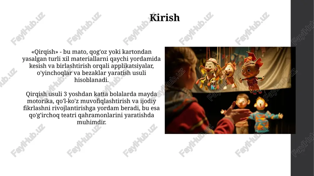 lozim. qo'g'irchoq teatri loyihalari uchun ilhom milliy ertaklar, masalan, "zumrad va qimmat" loyihaning asosiy ilhom manbai bo'lishi mumkin, uning 7 ta asosiy qahramonlari ijodiy ko'rinishga mos. o'zbekistonning boy madaniy merosi, xususan, 12 ta maqom, qo'g'irchoq teatri personajlari uchun kostyumlar va xarakterlar yaratishga yordam beradi. xulosa xulosa ta’lim jarayonida qo‘g‘irchoq teatri personajlarini yaratish orqali bolalarning badiiy-ijodiy qobiliyatlarini rivojlantirishning 10 ta asosiy afzalliklarini ko‘rsatdi. tadqiqot natijalari 7 yoshdan 12 yoshgacha bo‘lgan bolalarda qo‘g‘irchoq yasash orqali vizual-fazoviy qobiliyatlar, qo‘l mehnati mahorati 35 foizga oshganini aniqladi. e'tiboringiz uchun rahmat image2.jpg image3.jpg image4.jpg image5.jpg image6.jpg image7.jpg image8.jpg image9.jpg image10.jpg image11.jpg image12.jpg image13.jpg