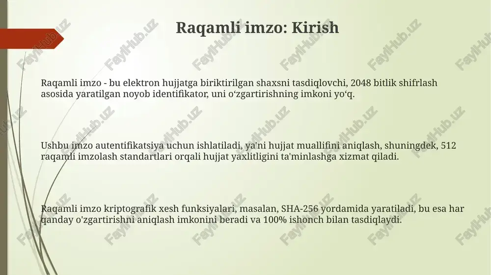 lectronic signatures) pdf hujjatlari uchun 4 ta asosiy profilni belgilaydi, ular uzoq muddatli yaroqlilikni ta'minlash uchun imzolangan hujjatlarda imzo vaqtida mavjud bo'lgan barcha ma'lumotlarni saqlaydi. raqamli imzo va qonunchilik 2004-yil 15-apreldagi 610-i sonli o‘zbekiston respublikasi qonuni raqamli imzo sohasidagi asosiy me’yoriy hujjat bo‘lib, uning huquqiy asoslarini belgilaydi va 10 dan ortiq moddalarni o‘z ichiga oladi. o‘zbekistonda raqamli imzoning qonuniy kuchga ega bo‘lishi uchun, u akkreditatsiya qilingan markaz tomonidan berilgan sertifikat bilan tasdiqlanishi shart; kamida 3 ta tashkilot akkreditatsiyadan o‘tgan. elektron hujjat aylanishida raqamli imzo qo‘llanilishi, qog‘oz hujjatlarga teng huquqlilikni ta’minlaydi, bu esa 50 dan ortiq davlat xizmatlarini elektron shaklda ko‘rsatish imkonini beradi. raqamli imzo provayderlari va sertifikatlash markazlari sertifikatlash markazlari raqamli imzolarning ishonchliligini tasdiqlaydi, x.509 standartidagi sertifikatlar orqali, ularning amal qilish muddati odatda 12 oydan 36 oygacha bo'ladi. raqamli imzo provayderlari kriptografik kalitlarni boshqarish va sertifikatlash markazlariga bog'liq holda xizmat ko'rsatadi, bu esa 2048-bitli kalitlar kabi standartlarga muvofiqlikni ta'minlaydi. o'zbekistonda …