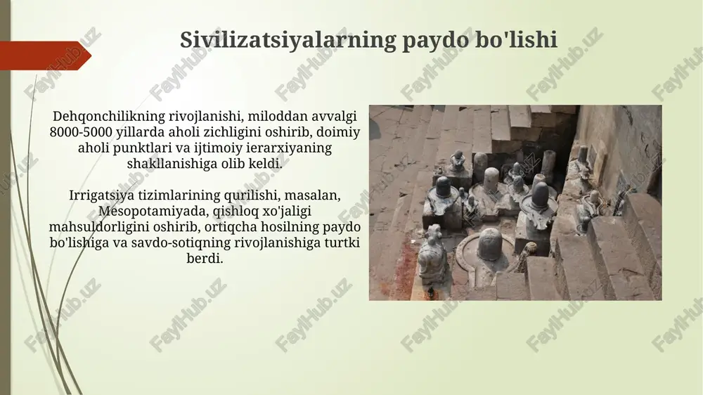 iyada ibodatxonalarni qurishga turtki bo'lib, zikkuratlar kabi monumentlar hokimiyat va tartib ramzi bo'lgan. qadimgi misrda, taxminan miloddan avvalgi 3100-yillarda, diniy e'tiqodlar fir'avnlarning ilohiylashtirilishiga olib keldi, ular siyosiy va diniy hokimiyatni birlashtirgan. yozuvning rivojlanishi va uning ahamiyati dastlabki yozuv tizimlari, miloddan avvalgi 3200-yillarda mesopotamiyada paydo bo'lgan piktogrammalar va ideogrammalar edi, ular narsalar va g'oyalarni tasvirlagan. yozuvning rivojlanishi jamiyatning murakkablashuvi bilan bog'liq, savdo-sotiq, soliq yig'ish va qonunlarni yozib olish imkonini bergan, bu esa davlat boshqaruvini osonlashtirgan. texnologik yutuqlar va ixtirolar dehqonchilikda irrigatsiya tizimlari, taxminan miloddan avvalgi 6000-yillarda, hosildorlikni 300% ga oshirib, aholining o'sishiga va jamiyatning ixtisoslashuviga olib keldi. miloddan avvalgi 3200-yillarda mesopotamiyada g'ildirakning ixtiro qilinishi transportni 5-10 barobar tezlashtirib, savdo-sotiq va madaniy almashinuvga hissa qo'shdi. savdo va madaniy almashinuv savdo karvonlari, masalan, ipak yo'li orqali, miloddan avvalgi 2-asrda mahsulotlar, texnologiyalar va g'oyalarning almashinuvini tezlashtirdi. diniy e'tiqodlar, masalan, buddizm, miloddan avvalgi 6-asrda missionerlar va savdogarlar orqali tarqaldi, bu madaniy sintezga olib keldi va …