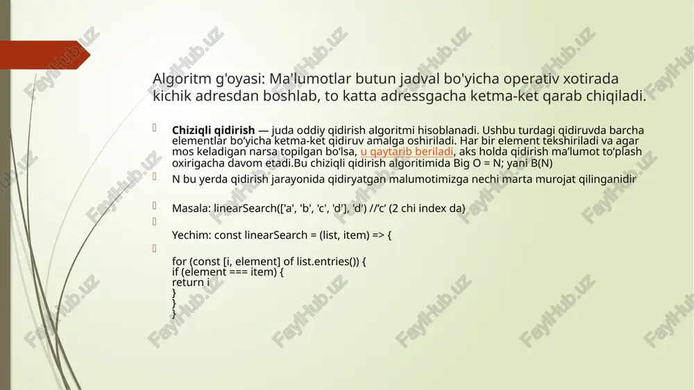 i holatlar uchun ancha sekinlik qiladi. shuning uchun ham bunday holatlarda undan boshqa tezroq ishlaydigan algoritmlar qo’llanilishi kerak bo’ladi (masalan, ikkilik qidirish). lekin, bu algoritmning ham ikkilik qidirishdan o’ziga yarasha avfzal tomonlari mavjud. bunga ikkilik qidirish (binary search) haqida gaplashgandan keyin batafsil to’xtalamiz. chiziqli diagramalari. ryadi 1 kategoriya 1 kategoriya 2 kategoriya 3 kategoriya 4 4.3 2.5 3.5 4.5 ryadi 2 kategoriya 1 kategoriya 2 kategoriya 3 kategoriya 4 2.4 4.4 1.8 2.8 ryadi 3 kategoriya 1 kategoriya 2 kategoriya 3 kategoriya 4 2 2 3 5 aytaylik bizga massiv berilgan: a := []int{1, 2, 3, 4, 5, 6, 7, 8, 9, 10} bizga ushbu massivda biron bir element bor yoki yo'qligini tekshira oladigan dastur tuzish sharti qo'yilgan. ushbu masalani yechishda eng birinchi xayolga keladigan usul - bu massivni ketma-ket har bir elementini solishtirib chiqish va bu usul: chiziqli qidiruv - linear search deb ataladi, va bu usul kodi quyidagi …