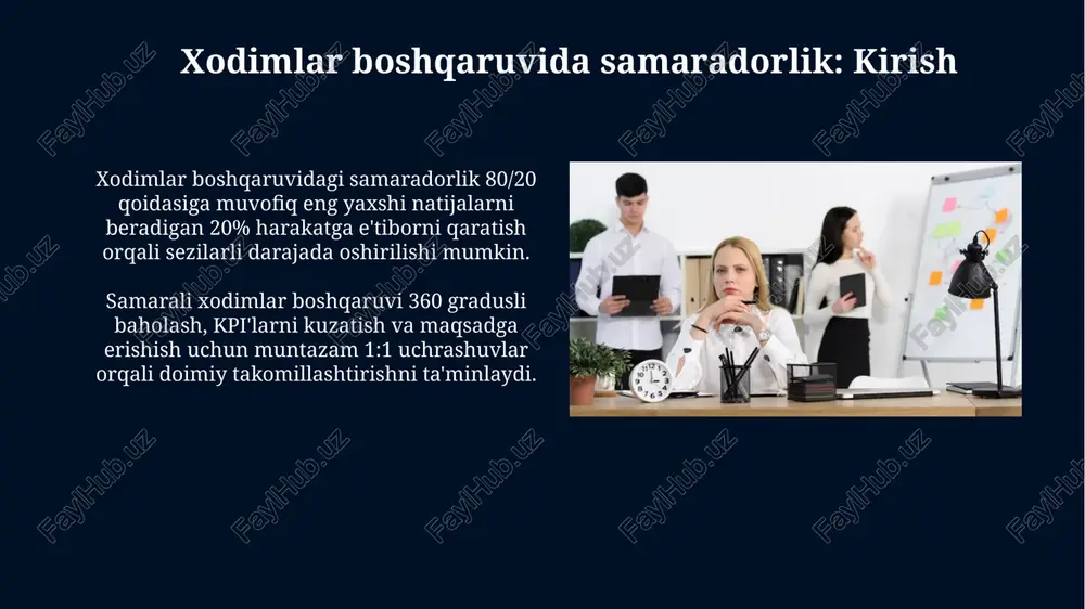 esa 20% ga yaxshi natijaga erishish imkonini beradi. sifatli boshqaruv treninglari va 15% gacha o'sishga olib keladigan motivatsion dasturlar orqali xodimlarning potensialini maksimal darajada oshirish kerak. e'tiboringiz uchun rahmat image6.jpg image7.jpg image8.jpg image9.jpg image10.jpg image11.jpg image12.jpg image13.jpg image14.jpg image15.jpg image4.jpeg
