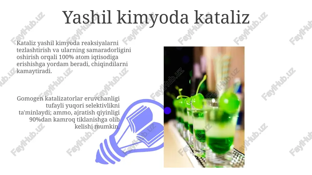 1960-yillarda elektrokimyo va kataliz tamoyillarini birlashtirgan holda rivojlangan va hozirda vodorod ishlab chiqarish va co2 konversiyasi kabi sohalarda qo'llaniladi. katalizatorlarni loyihalash va sintezi heterogen katalizatorlar uchun, metall zarrachalarining o'lchamini 2 nm dan kamroq qilish, katalitik faollikni oshiradi va selektivlikka ta'sir qiladi, chunki sirt atomlarining nisbati ko'payadi. molekulyar modellashtirish va hisoblash kimyosi, 10^6 dan ortiq atomlarni o'z ichiga olgan katalizator tuzilmalarini loyihalashda va ularning reaksiyadagi xatti-harakatlarini bashorat qilishda yordam beradi. katalizatorlarni qayta ishlatish va qayta tiklash 01 02 qayta ishlatish jarayonlari katalizatorning umumiy sarfini kamaytiradi, bu esa chiqindilarni 80-90% ga kamaytirishi mumkin, ayniqsa qimmatbaho metall katalizatorlar uchun. sales 1st qtr 2nd qtr 100 0 sales 1st qtr 2nd qtr 100 0 atom tejamkorligi atom tejamkorligi 100% ga yaqin bo'lgan reaksiyalar ideal hisoblanadi, bunda barcha reaktiv atomlari kerakli mahsulotga aylanadi va chiqindi hosil bo'lmaydi. atom tejamkorligi kontseptsiyasi reaksiyaning samaradorligini baholaydi va qimmatbaho metall katalizatorlari yordamida selektivlikni oshirish orqali yaxshilanishi mumkin. kamroq xavfli …