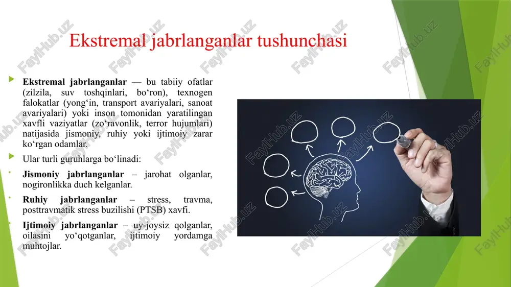 iga yo‘naltirish. yordam ko‘rsatish bosqichlari: favqulodda bosqich – xavfsizlikni ta’minlash, zarur tibbiy yordam. oraliq bosqich – ruhiy barqarorlikni tiklash, vaqtincha yashash joyi bilan ta’minlash. uzun muddatli bosqich – reabilitatsiya, ijtimoiy integratsiya, stressni kamaytirish. psixologik yordam usullari psixologik birinchi yordam (pfa) – jabrlanganlarni tinchlantirish, xavfsiz muhit yaratish, emotsional qo‘llab-quvvatlash. gruppaviy mashg‘ulotlar – jabrlanganlar bir-birini qo‘llab-quvvatlashi, ijtimoiy tarmoqlarni tiklash. individual terapiya – travma bilan ishlash, posttravmatik stressni kamaytirish, qo‘rquv va xavotirlarni boshqarish. oilaviy maslahatlashuvlar – oilaviy qo‘llab-quvvatlash, stressni kamaytirish va ijtimoiy moslashuvni oshirish. yordam jarayonida e’tibor berilishi kerak bo‘lgan jihatlar jabrlangan shaxsning his-tuyg‘ularini e’tiborsiz qoldirmaslik. shaxsni ayblash yoki tanqid qilish mumkin emas. har bir jabrlanganning reaktsiyasi individual bo‘ladi – bir xil yondashuv barcha uchun mos kelmasligi mumkin. uzoq muddatli qo‘llab-quvvatlash zarur – ba’zi ruhiy va ijtimoiy muammolar darhol namoyon bo‘lmasligi mumkin. zamonaviy yondashuvlar va innovatsiyalar raqamli yordam platformalari – mobil ilovalar orqali tezkor psixologik va ijtimoiy yordam. virtual terapiya va onlayn maslahatlar …