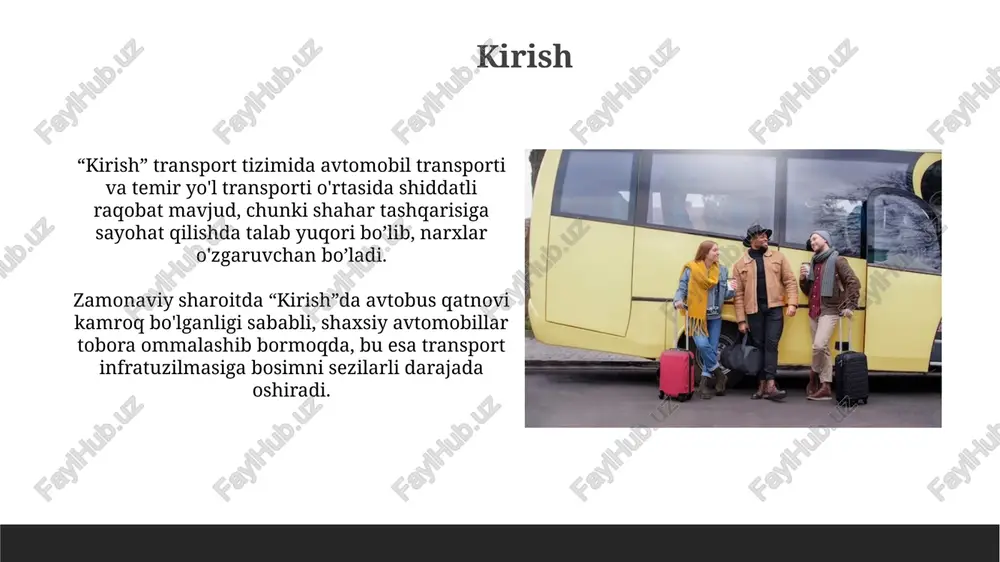 sa markaziy hududlarda, bu esa o'rtacha tezlikni 15-20 km/soatgacha kamaytiradi va yo'l harakati qoidalarini buzishni ko'paytiradi. jamoat transporti infratuzilmasining yetarli emasligi, xususan avtobus bekatlari va metro liniyalarining kamligi, odamlarning 60 foizdan ortig'ini shaxsiy transportdan foydalanishga undaydi. raqobatning tendentsiyalari va istiqbollari raqobat tendentsiyalari 2024-2030 yillarda yuqori tezlikdagi temir yo'llar va arzon aviakompaniyalar o'rtasida kuchayishi kutilmoqda, narx va qulaylik asosiy omil bo'lib qoladi. avtomobillar soni 20% ga oshishi sharoitida, avtobus transporti ekologik tozaligi va ijtimoiy ahamiyati tufayli 15% gacha o'sishi prognoz qilinmoqda. yo'lovchi talabining o'zgarishi yo'lovchilarning 25-35 yoshli segmentida onlayn xizmatlar, masalan, mobil ilovalar orqali buyurtma berishning o'sishi, an'anaviy usullardan voz kechishga olib keladi. covid-19 pandemiyasi sharoitida shaxsiy transport vositalariga talabning 15% ga oshishi kuzatildi, odamlar jamoat transportida infeksiya yuqtirish xavfidan qochishga harakat qilishadi. texnologiyalarning roli: raqamlashtirish va innovatsiyalar raqamlashtirish transport tizimlarida real vaqtda ma'lumotlarni yig'ish imkonini beradi, bu esa 15-20% samaradorlikni oshirishga yordam beradi, masalan, avtobus yo'nalishlarini optimallashtirish orqali. innovatsion to'lov …