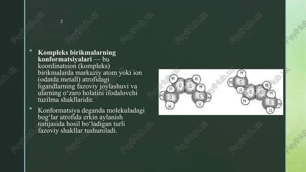 farq kam seziladi. biroq, katta ligandlar yoki stereokimyo jihatdan maxsus ligandlar mavjud bo‘lsa, konformatsiyalar barqarorlik va reaktivlikni sezilarli o‘zgartiradi. masalan: [nicl₄]²⁻ kompleksida cl⁻ ionlarining fazoviy joylashishi turli shakllarda bo‘lishi mumkin, lekin ular tez almashadi. z trigonal bipiramida va kvadratik piramida trigonal bipiramida (koordinatsion son 5) – uchta ligand ekvatorial tekislikda, ikkitasi axial pozitsiyada. kvadratik piramida – to‘rt ligand kvadrat asosda, bir ligand piramidaning uchida joylashadi. bu shakllar asosan v, fe, p kabi metall komplekslarida uchraydi. z konformatsiyaga ta’sir etuvchi omillar ligand hajmi: katta ligandlar bir-biriga yaqin bo‘la olmaydi. chelat effekt: bidentat yoki polidentat ligandlar ma’lum konformatsiyani barqarorlashtiradi. elektron konfiguratsiya: d⁸, d¹⁰ kabi elektron to‘lish darajalari kompleks shaklini belgilaydi. erituvchi va harorat: konformatsiyalar o‘rtasidagi muvozanatni o‘zgartiradi. z konformatsiyalarning ahamiyati reaktivlikni belgilaydi: masalan, cis-[pt(nh₃)₂cl₂] saraton dori sifatida ishlatiladi, trans shakli esa toksik. optik xususiyatlar: δ va λ konformatsiyalar chiradagi optik faollikni belgilaydi. kristall shakl va barqarorlik: komplekslar turli konformatsiyalarda turlicha kristall tuzilma …