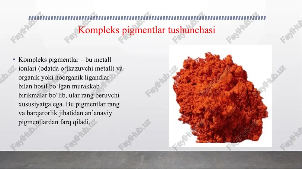 vchi mod-dalarda va boshqa boʻyaladigan muhitlarda erimaydigan (boʻyagichlardan farqli oʻlaroq) yuqori dispers kukunsimon boʻyovchi moddalar. pigment materiallarni korroziyadan saqlaydigan plyonkalarning xossalarini yaxshilaydi. organik pigment kimyoviy tuzilishi turlicha boʻlgan sintetik boʻyoq moddalar. monova disazopigment mahsulotlari muhim ahamiyatga ega. bular yashilsariq rangdan toʻq qizil ranggacha boʻladi. ftalo-sianin pigmentning rangi och zangori, chidamligi bilan boshqa pigmentdan ajralib turadi. sariq rangdan yashil ranggacha boʻlgan olovbardosh politsiklik p.ning ham ahamiyati katta. anorganik pigment tarkibida koʻp miqdorda temir oksidlari, sintetik mahsulotlar, oz miqdorda sulfidlar, selenidlar, oksidlar va xromatlar boʻlgan tabiiy minerallar. anorganik pigmentning rangi boʻgʻiq, organik pigmentga qaraganda kam tatimli, zichligi katta, yorugʻlikka chidamli. pigment, asosan, lok-boʻyoq materiallar (mas, emallar, boʻyoqlar, jumladan, bosmaxona boʻyoqlari va badiiy boʻyoklar), shuningdek, plastmassalar, rezinalar, qurilish materiallari, silikat sirlar (faqat anorganik pigment), kosmetik preparatlar va boshqa tayyorlashda, sunʼiy va sintetik tolalarni boʻyashda, sunʼiy charm va gazlamalarga bosma rang berishda koʻplab ishlatiladi kimyoviy barqarorlik: kislota, ishqor va organik erituvchilarga chidamli. termal barqarorlik: …