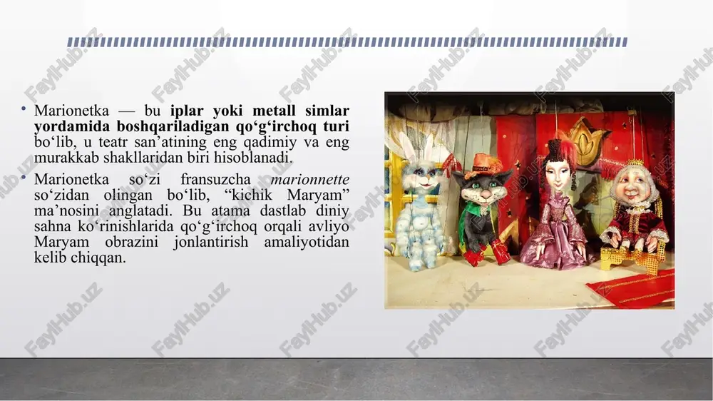 larida marionetka qo‘g‘irchoqlari orqali bolalarga: muloqot madaniyati, axloqiy qadriyatlar, sahna madaniyati, jamoaviy ishtirok ko‘nikmalari singari jihatlar o‘rgatiladi. bola marionetka harakatlarini kuzatib, uning his-tuyg‘ularini anglay oladi, bu esa bola tasavvurini va estetik didini rivojlantiradi. e’tiboringiz uchun raxmat image2.emf image3.jpeg image4.jpeg image5.jpeg image6.jpeg image1.jpg /docprops/thumbnail.jpeg