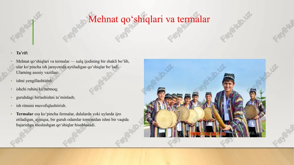 ‘ldi...” mehnat qo‘shiqlari – bu xalq ijodidagi bir tur bo‘lib, odatda mehnat jarayonida, ishni yengil qilish, ruhlantirish va bir-biriga yordam berish maqsadida aytiladigan qo‘shiqlardir. ular xalq og‘zaki ijodining muhim qismi bo‘lib, o‘zida ritm, chaqiriq va musiqiy ohangni birlashtiradi. xususiyatlari:oddiy, tushunarli so‘zlar bilan ifodalanadi. ish jarayoniga mos ritm va ohangda bo‘ladi. ko‘pincha guruh bilan birga aytiladi. ishni tezlashtirish, ruhlantirish yoki bir-biriga yordam berishga xizmat qiladi. termalar – bu ham mehnat qo‘shiqlariga yaqin bo‘lib, ko‘proq chorvachilik, dehqonchilik, baliqchilik, terim kabi ishlar bilan bog‘liq bo‘ladi. termalar asosan ritmik va chaqiruv shaklida bo‘lib, ishni yengillashtiradi va bir-birini uyg‘unlashtiradi. lirik qo‘shiqlar – bu odamning ichki hissiyotlarini, sevgi, sog‘inch, quvonch yoki qayg‘uni ifodalovchi qo‘shiqlardir. ular ko‘proq shaxsiy his-tuyg‘ularni ifodalashga xizmat qiladi va ritmik jihatdan mehnat qo‘shiqlaridan farq qiladi. xususiyatlari:shaxsiy his-tuyg‘ularni ifodalaydi (sevgi, sog‘inch, quvonch, g‘am, tabiat go‘zalligi). so‘zlari poetik va tasviriy bo‘ladi.musiqiy ohang ko‘pincha melodiya asosida bo‘ladi. ko‘proq yakka yoki kichik guruh tomonidan kuylanadi. masalan:sevgi, sog‘inch, …