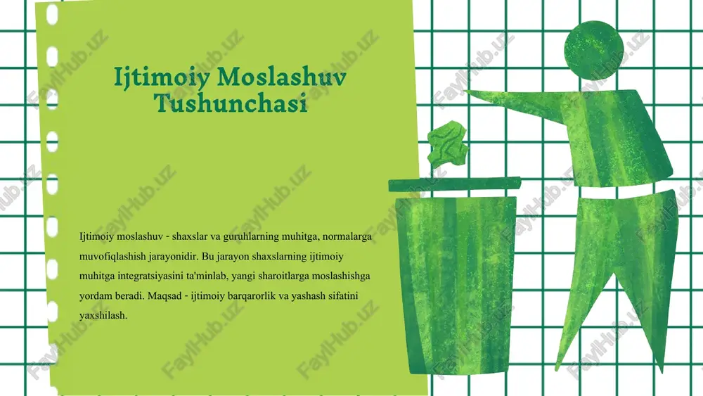 moslashuv iqtisodiy va madaniy sohalarda ijobiy ta'sir ko'rsatadi. masalan, yangi texnologiyalarga moslashish iqtisodiy samaradorlikni oshiradi va madaniy tushunishni kuchaytiradi. ijtimoiy moslashuv ijtimoiy barqarorlikka qo'shgan hissasini ko'rsatadi. u muammolarni hal qilishda, muhitni yaxshilashda va insonlar o'rtasidagi hamjihatlikni mustahkamlashda muhim rol o'ynaydi. ijtimoiy moslashuvning o'zgarishlari ijtimoiy moslashuv jarayonidagi o'zgarishlar texnologik rivojlanish, iqtisodiy va madaniy o'zgarishlar bilan bog'liq. yangi tendensiyalar: raqamli texnologiyalar, internet, interkultural muloqot va yoshlar o'rtasidagi aloqalar. ijtimoiy moslashuv va innovatsiyalar ijtimoiy moslashuv va innovatsiyalar o'rtasidagi bog'lanish muhim. innovatsiyalar jamiyatda yangi fikrlar va texnologiyalarni joriy etib, ijtimoiy muhitni o'zgartiradi. innovatsiyalar ijtimoiy moslashuvni tezlashtiradi va yangi imkoniyatlar yaratadi. texnologik rivojlanishlar va yangi tizimlar moslashuvda muhim rol o'ynaydi. 69% xulosa ijtimoiy moslashuv jamiyat barqarorligini ta'minlaydigan muhim elementdir. uning elementlari, bosqichlari va amaliy misollari bilan tanishib, kelajak uchun rivojlanish imkoniyatlarini ko'rib chiqamiz. shaxsiy va jamiyat rivoji uchun tavsiyalar bilan yakunlaymiz. e'tiboringiz uchun rahmat! image1.png image2.png image3.png image4.png image5.png image6.png image7.png image8.png image12.png image10.png image11.png …