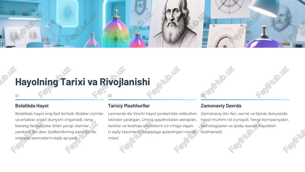 'plab samarali usullari bor. quyidagi amallarni muntazam qilsak, hayol kuchlarimizniko'p orqalibolyuk mumkun. 1 kitob o'qish kitoblar hayolni yangi olamlar bilan ta'min etadi. har qanday janr 4 fantastika, tarix, fantaziya 4 hayolni kengaytira boshladi. 2 san'at va ijodiy faoliyat rasm chizish, yozish, musiqasi o'ynash hayol kuchlari o'shing rasm. ijodiy faoliyatning har qaysi turi hayolni rivojlantiradi. 3 yangi tajribalar sayohatlash, yangi odamlarni tanish qilish, qo'shni sohalarda yangi narsalarni o'rganish hayolni kengaytiradi va yangi istiqbolllarni ochadi. mashhur shaxslarning hayolga munosabati tarixiy shaxsiyatlar va zamonaviy liderlar hayolning ahamiyatini tushundilar va uni o'z hayotida ishlatdilar. ularning so'zlari bizni ilham beradi. "hayol bilimdan muhimroq." 4 albert eynshteyn mashhur fizikachi tarixni hal qilishda hayol va fantaziyaning bilimdan kuchli ekanligiga ishongan. "hayol orqali yangi dunyolar yaratdim." 4 j.k. rowling muallif garri potter seriyasini hayol orqali yaratdi va dunyoga kattalab tasir ko'rsatdi. "hayol 4 haqiqatning boshlang'ichi." 4 parviz yakhyayev o'zbek yozuvchisining ijodida hayol shaxs va jamiyatni o'zgartiradigan kuch edi. …
