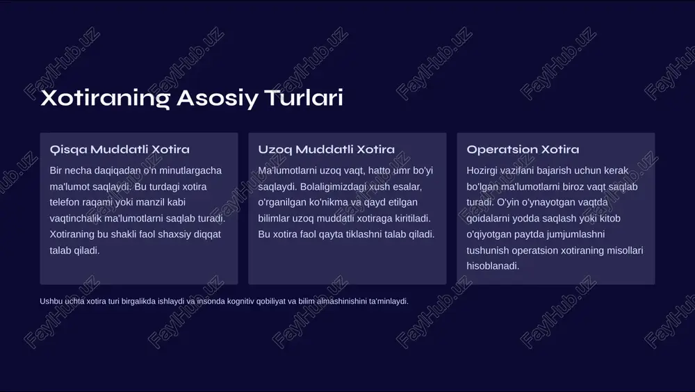 qo'zg'alish sababida yuzaga keladi. kundalik hayotda narsalarni unutib qolish, ism unutish yoki shunga o'xshash holatlar gipomneziya misollaridad. amneziya xotiradagi soddiqlarning yo'qolishi yoki kam bo'lishi. bosh miya travmasi, strok, alveymer kasalligi yoki psixologik travma amneziyaga olib keladi. amneziya qisqa muddatli yoki uzoq muddatli bo'lishi mumkin. gipermneziya xotiraning ortiqcha kuchayishi. bir-biriga bog'liq bo'lmagan turli voqealarni juda chuqur va tafsilotli eslab qolish. ayni paytda ayrim odamlar bittik oxiridagi eng kichik detallarni ham eslab qoladi. deja vyu yangi voqea oldin yuz bergandek tuyg'u. bu filiologik hodisadir va xotiradagi xatolikdan yuzaga keladi. bir necha soniyada o'tadi va xavf tug'ilmaydi. xotira va inson hayoti xotira bizning o'zligimizning asosidir. u bir-biriga bog'langan voqealar, tuyg'ular va tajribalardan foydalanib, bizning shaxsiy o'zligimizni shakllantiradi. ota-onalarimizdan o'rganilgan darslar, yaxshi do'stlar bilan o'tkazilgan vaqtlar va o'zlarimiz chuqur hisoblagandikcha mehnalarning natijasi xotiraga saqlanadi va biz birinchi shaxs sifatida kuchayadi. xotira bilim olish vasitasi. maktabda o'rganilgan geometriya formulalari, tilni o'rganish jarayoni va kasb-hunarni egallash …