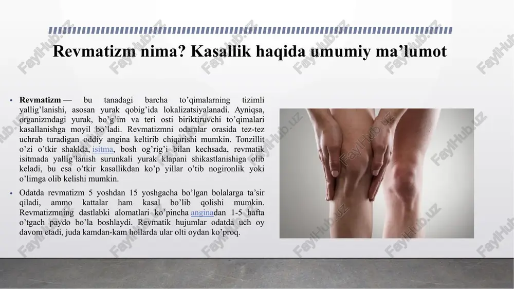 qoidaga ko’ra, surunkali revmatizmning xuruji yiliga bir necha marta sodir bo’ladi. surunkali revmatizm yetarlicha og’ir shaklda kechib, bemorning hayot sifatini sezilarli darajada kamaytiradi. bemorni bo’g’imlardagi azobli og’riq, shuningdek yurak sohasidagi og’riqlar bezovta qiladi. qay a’zo shikastlanganligiga qarab, revmatizm quyidagi turlarga bo’linadi: revmatizmning yurak shakli. kasallikning bu shaklida yurak mushaklari ta’sirlanadi. bunday holatda bemorlardagi og’riqlar bir-biridan farq qiladi: kimdadir yaqqol og’riq, boshqalarda esa mo’tadil og’riq qayq qilinadi. dastlabki bosqichlarda revmatizmning yurak shakli deyarli namoyon bo’lmaydi va faqat muayyan instrumental tadqiqotlar, masalan, ekg yordamida aniqlanadi. kasallikning so’nggi bosqichlarida og’ir yurak shikastlanishi va o’tkir yurak yetishmovchiligi rivojlanadi, bu yurak mushakining qisqaruvchi qobiliyatining pasayishiga olib keladi. revmatizmning bo’g’im shakli. revmatizmning bo’g’imli (artikulyar) shaklida faqat bo’g’imlar yoki yurak bilan bo’g’imlar shikastlanishi mumkin. odatda, revmatizmning bo’g’im shakli katta bo’g’imlarga ta’sir qiladi va oxirgi bosqichlarda patologik jarayon kichik bo’g’imlarni ham qamrab oladi. sekin-asta bo’g’im xaltachasi va tog’aylarning shikastlanishi ro’y beradi. kuchli og’riq tufayli, bemor shikastlangan bo’g’imni harakatlantirishi …