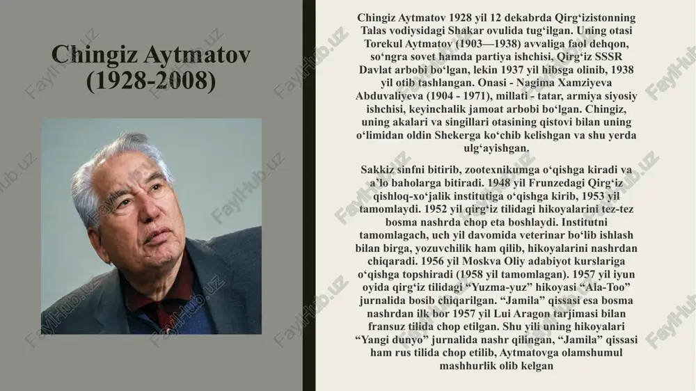 inchi jahon urushida qatnashgan, undan oldin esa orol dengizida baliqchi boʻlgan. aynan u kazangapni dafn etish uchun mas’uliyatni oʻz zimmasiga oladi va voqealarning aksariyati uning nuqtai nazaridan hikoya qilinadi. kazangap asanbiev- buranlidagi eng keksa odam. edigeyni u erga koʻchib kelishga undagan. u edigey bilan birga temir yoʻlda ishlagan. „ asrga tatigulik kun“ sarlavhasidagi „kun“ uning dafn etilgan kunidir. ukkubola — edigeyning xotini. umuman olganda, u asosan uning xohish-istaklariga boʻysunadi. butun hikoya davomida u edigeyga sodiq qoladi. sobitjon – o’z otasini o’likmi yoki tirikligini ham bilmaydi.hatto otasini o’ligini ko’mishni ham minnat qiladi.u ota bobolaridan qolgan urf-odatlarni hurmat qilmaydigan inson.qarindoshlaridan ko’ra obro’ e’tiborni birinchi o’ringa qo’yadi. qahramonlari : asarning lingvistik tahlili frazeologizmlar manqurt ona bayt sario'zak qorboroni asardagi milliy kalorit dafn marosimlari, ona mehri asardagi tugun kazangapni dafn etish jarayonida, marhum bilan vidolashuv onlarida, allohga munojot qilgan o`rinlarda tasvirida edigey tabiatiga xos yuksak insoniy xususiyatlar namoyon bo`lgan. xullas, bu roman odamning odamligini …