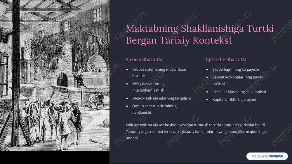 ining muhimligiga e'tibor qaratdi. 2 david rikardo (1772-1823) taqqosiy ustunlik nazariyasini yaratib, xalqaro savdoning faydalarini asoslab berdi. u yer ijarasi, ishchi haqqo va foyda taqsimlanishini o'rgandi. 3 tomas maltus (1766-1834) aholining o'sishi nazariyasini ishlab chiqdi. aholining tabiiy mantalari tabiiy manzara va ozuqavoy manbalari bosib o'tishini ko'rsatdi. 4 dzhon stuart mill (1806-1873) klassik maktabning so'nggi kattaligi sifatida, uning barcha g'oyalarini tekshirdi va yangi ijtimoiy fikrlarni kiritib, klassik iqtisodiyotning tarixiy rolini yakunladi. https://gamma.app/?utm_source=made-with-gamma maktabning asosiy tamoyillari va yondashuvlari klassik siyosiy iqtisodiyot bir necha asosiy tamoyillarga asoslangan. bu tamoyillar zamonaviy iqtisodiyot fanining poydevorini tashkil etadi. erkin bozor davlatning kamchalik camingida bozor mexanizmi avtomatik tarzda muvozanani ta'minlaydi osh qiymatiga asoslangan narx tovarlarning qiymati ularni ishlab chiqarishda sarflangan mehnati miqdoridan kelib chiqadi mantiqi insoni harakat har bir inson o'z manfaatini qidirib, ratsional qaror qabul qiladi va umumiy fayda yaratadi taraqqiyot va moliyalashtirish surplus va investitsiyalar ekonomikani o'stirib, ishlap chiqarish kuvchasini oshiradi bu tamoyillarning kombinatsiyasi klassik …
