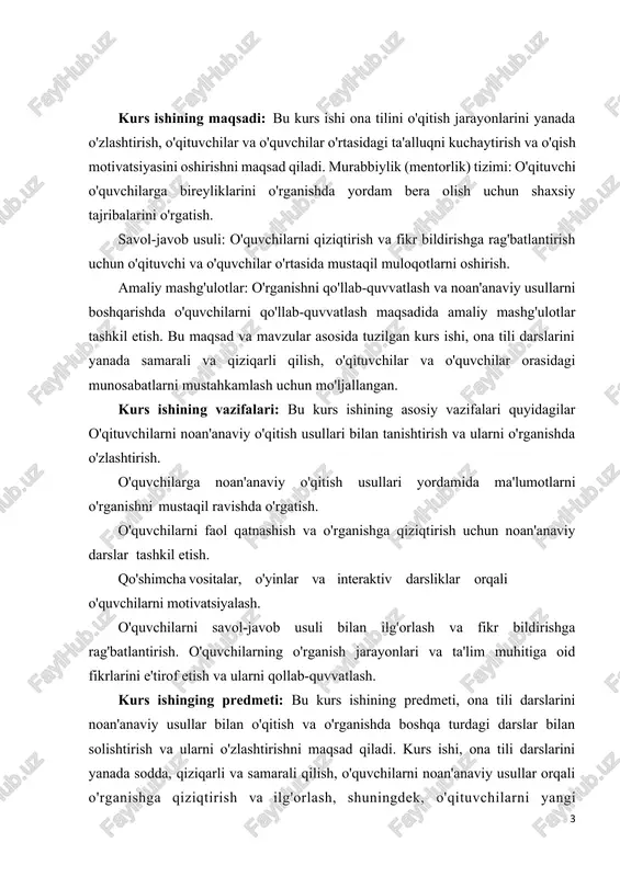 ssasalarida ona tili darslarining muhim qismi hisoblanadi. o‘quvchilar va talabalar so‘zning qanday qismlardan tashkil topganini bilgan holda, so‘z boyligini oshiradi, imlo va uslubiy jihatdan to‘g‘ri yozishni o‘rganadi. uchinchidan, bu mavzuning amaliy ahamiyati jurnalistika, tarjima, matn tahlili, tilshunoslik izlanishlari, kompyuter lingvistikasi va tilga oid boshqa sohalarda yaqqol ko‘rinadi. ayniqsa, sun'iy intellekt va avtomatik tarjima tizimlarida so‘zlarning morfologik tahlilini to‘g‘ri bajarish juda muhimdir. shuningdek, so‘z tarkibini o‘rganish orqali dialektlar, shevalar va tarixiy til o‘zgarishlari haqida ham chuqur xulosalar chiqarish mumkin bo‘ladi. bu esa tilning rivojlanish bosqichlarini o‘rganishda zarur vosita bo‘lib xizmat qiladi. kurs ishingizning tuzilishi juda muhim, chunki u sizning ishni qanday yozish va har bir bo‘limni qanday taqdim etish kerakligini ko‘rsatadi. "so‘z tarkibi" mavzusidagi kurs ishini quyidagi tuzilish asosida yozish mumkin: tuzulishi kirish (4-bet) · mavzuning dolzarbligi: so‘z tarkibi va yasalishini boshlang‘ich sinflarda o‘qitishning ahamiyati. boshlang‘ich ta'limda til o‘qitishning muhimligi va bu jarayonning ilmiy, metodik jihatlari. · kurs ishining maqsadi va …