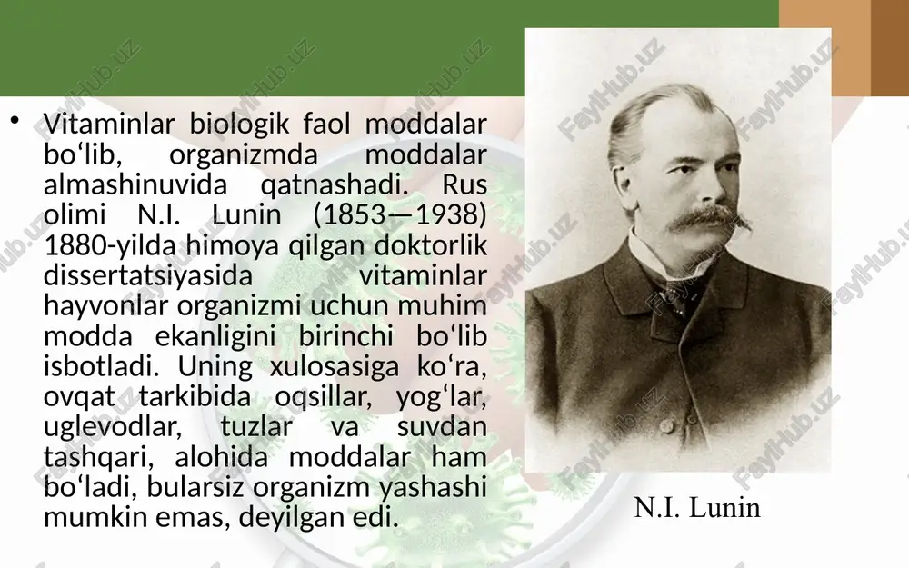 bolalarda raxit kasalligi yuzaga keladi. d vitamini baliq yog‘ida, tuxum sarig‘ida, sut va sut mahsulotlarida ko‘p bo‘ladi. u quyoshning ultrabinafsha nurlari ta’sirida odam terisida ham hosil bo‘ladi. bolalarni ochiq havoda chiniqtirish raxit kasalligining oldini olishda muhim ahamiyatga ega. savol va topshiriqlar vitaminlar haqidagi tushunchani fanga kimlar kiritgan? a va b guruh vitaminlar yetishmaganda odamda qanday kasalliklar yuzaga keladi? c, d vitaminlar yetishmaganda organizmda qanday o‘zgarishlar sodir bo‘ladi? image2.jpeg image3.jpeg image4.jpeg image5.jpeg image6.jpeg image7.jpeg image8.jpeg image9.jpeg image10.jpeg image11.jpeg image12.jpeg image13.png image1.jpeg 487920346 /docprops/thumbnail.jpeg